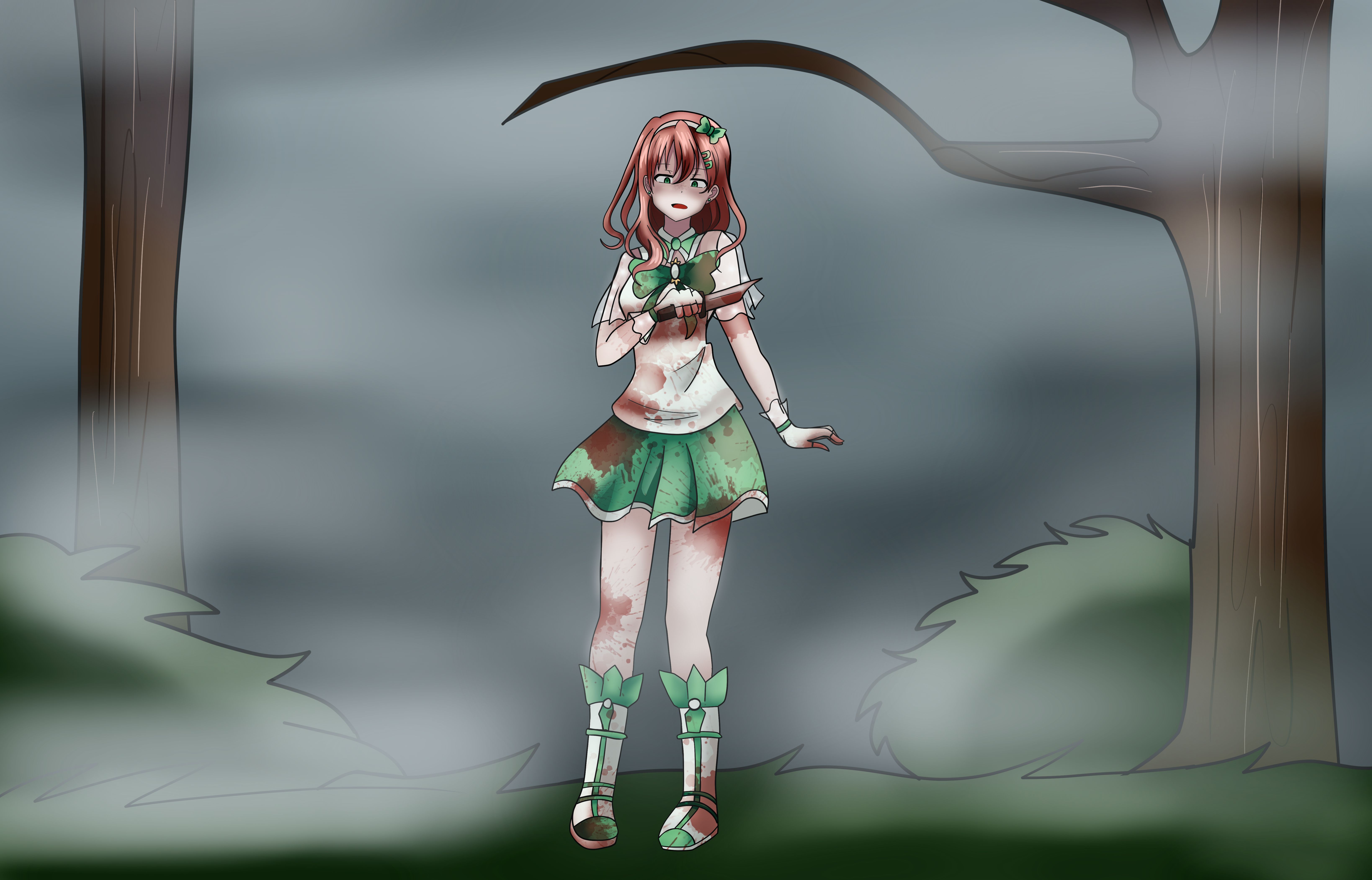 Lorange in a misty forest. She's covered in blood and holding a knife. Yandere like face.