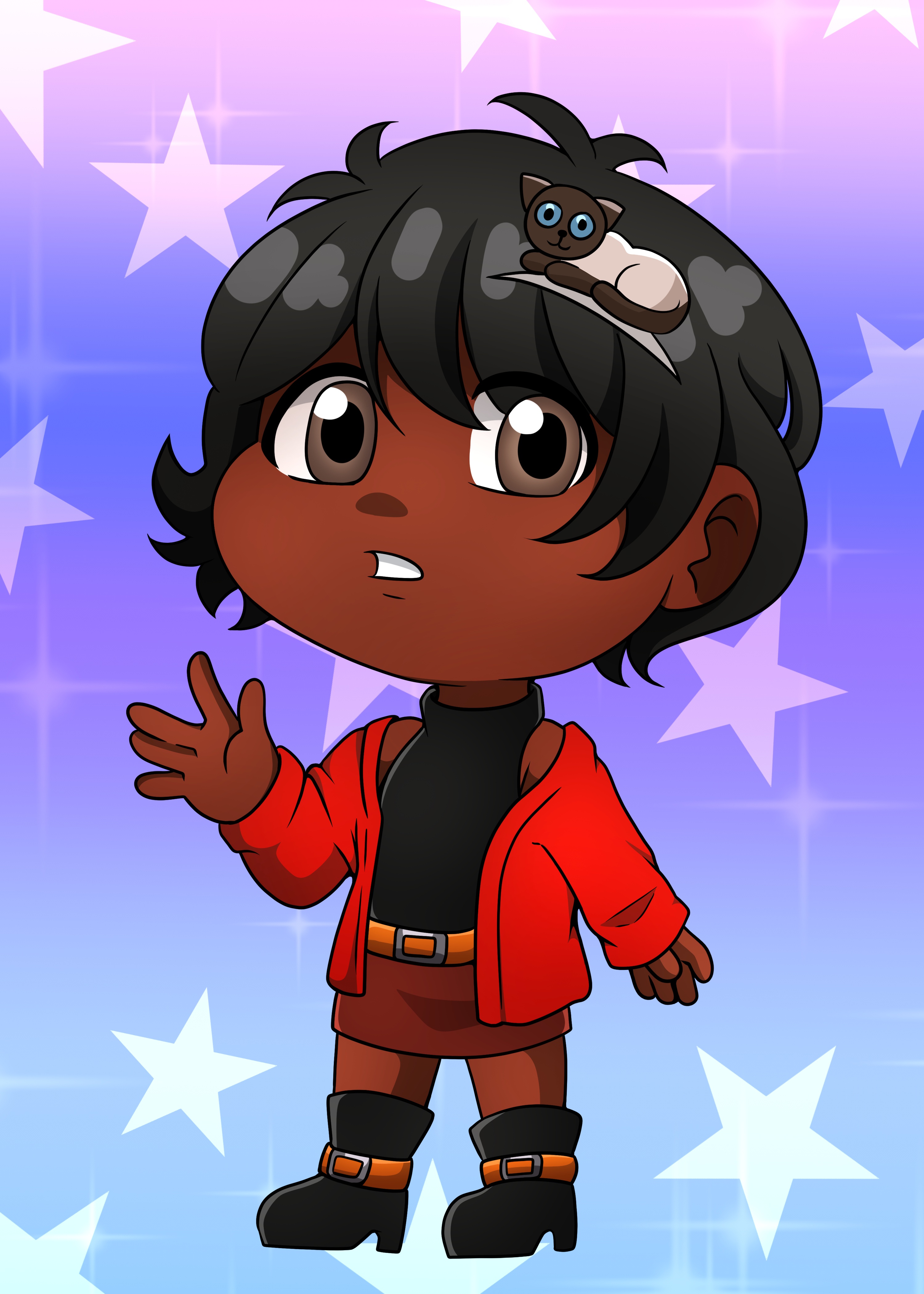 Chibi Johari, fond coloré avec étoiles.