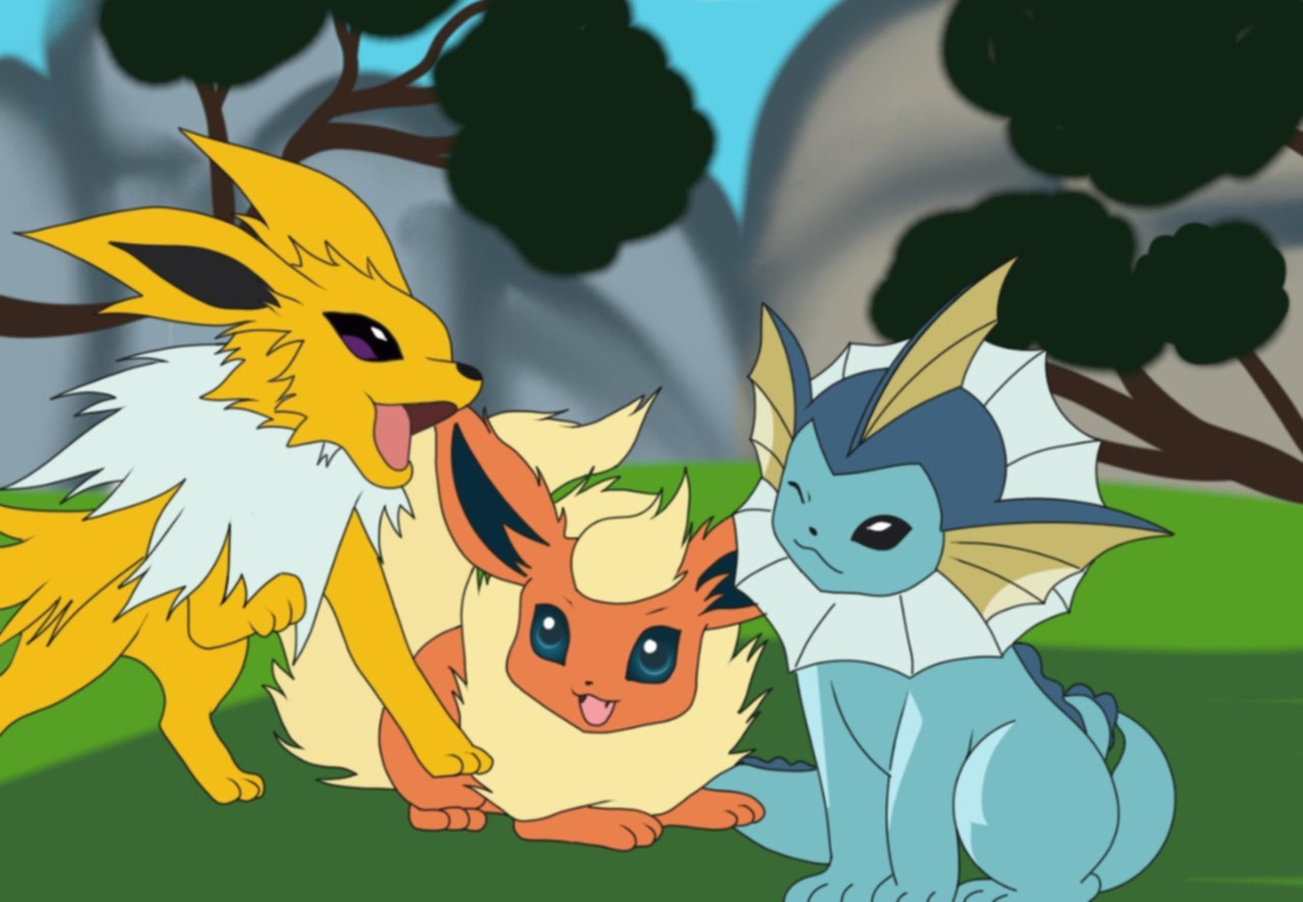 Jolteon, Flareon and Vaporeon. Background image of a forest.