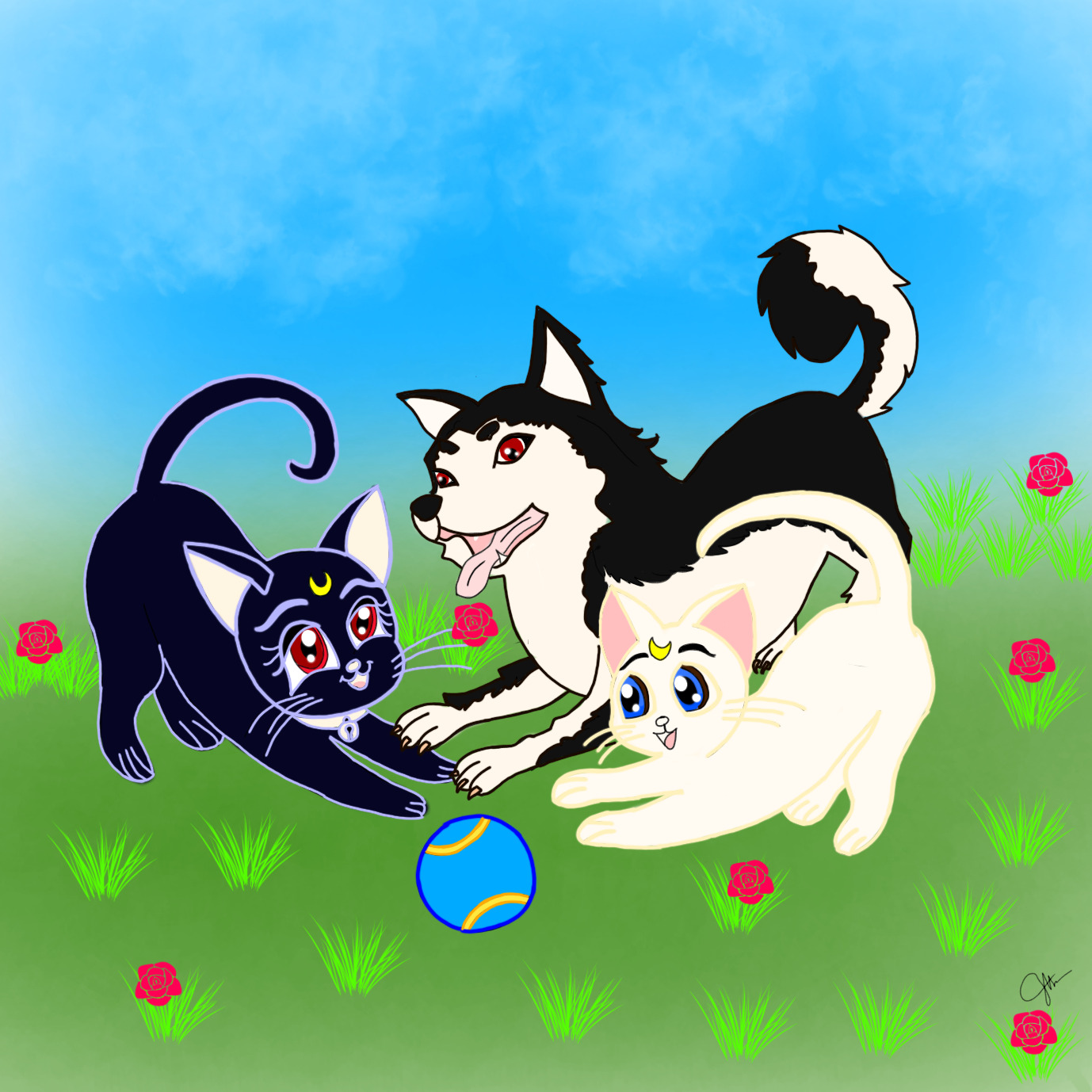 Koromaru, Luna et Artemis jouant emsemble. Une balle bleue et jaune est près d'eux.