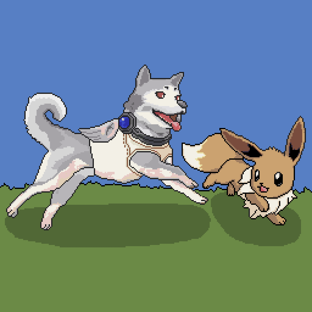 Koromaru s'amuse avec Evee. Dessin en pixels commandé de @pixelartparker. 