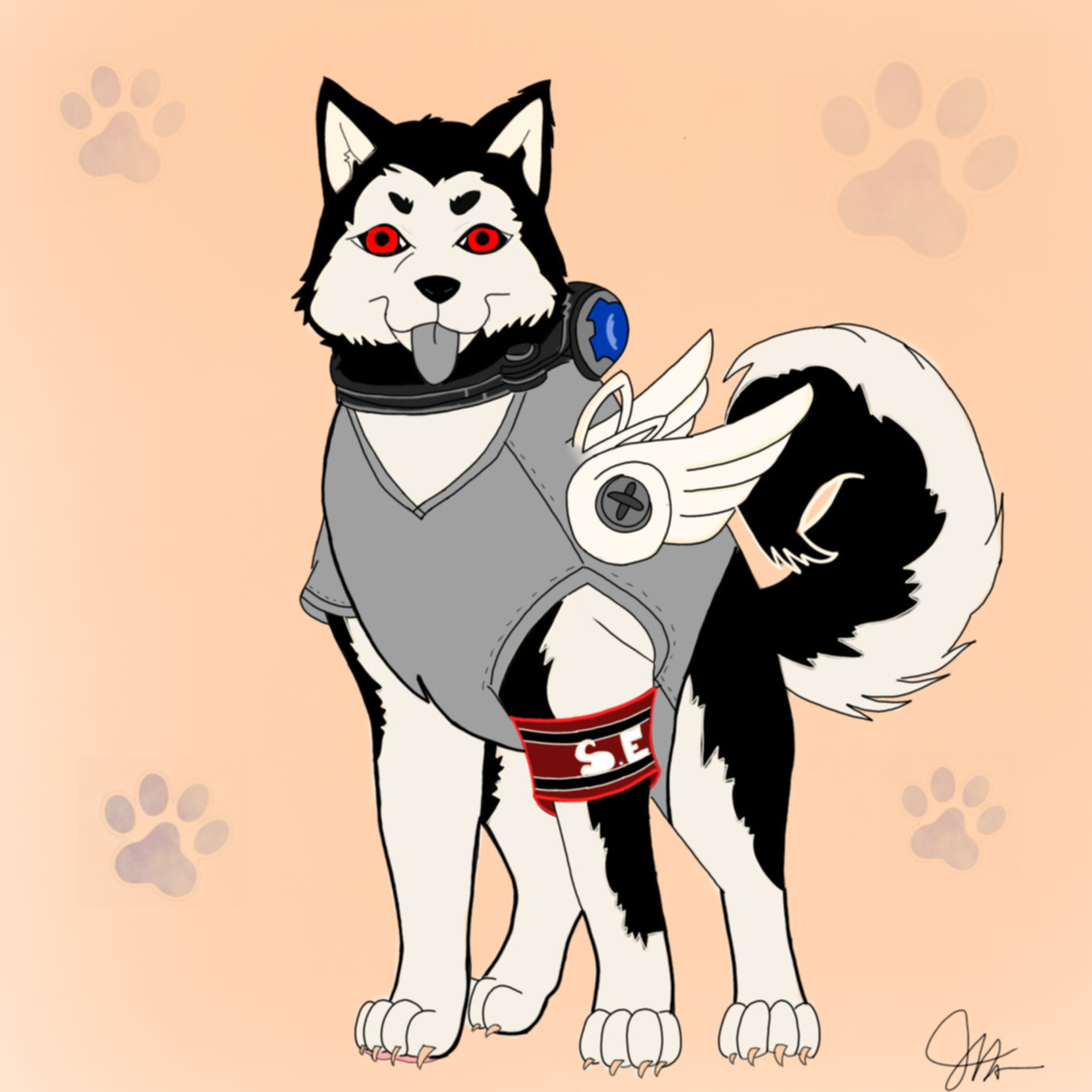 Koromaru en noir et blanc, sauf pour ses yeux rouges, son brassard rouge S.E.E.S., la gemme bleue sur son Evoker et ses griffes rosées.