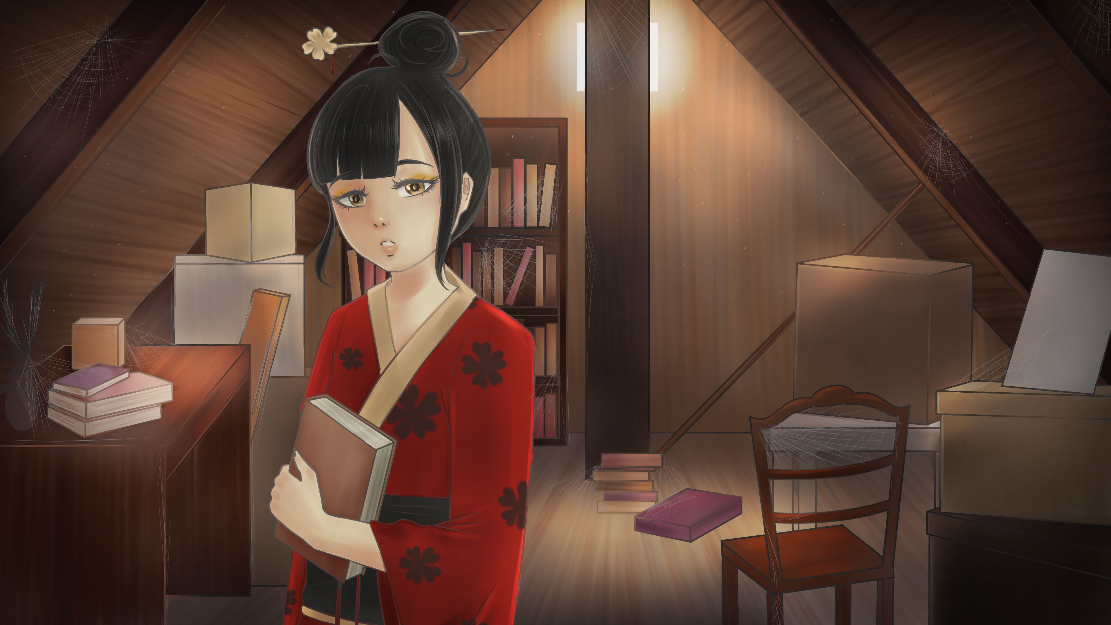 Kurosawa in the dusty attic. She holds a book.