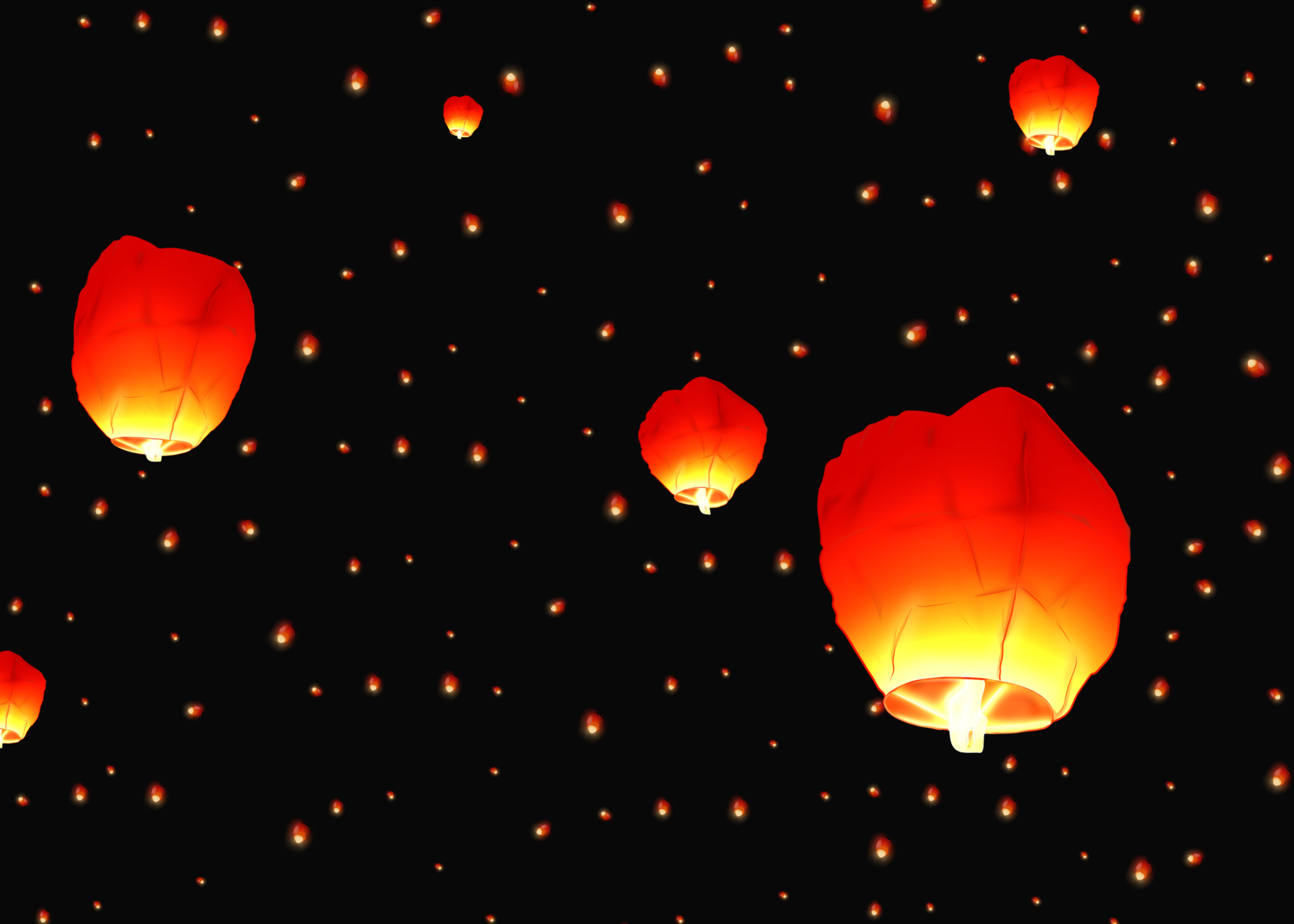 dessin photo réaliste de lanternes chinoises dans le ciel nocturne