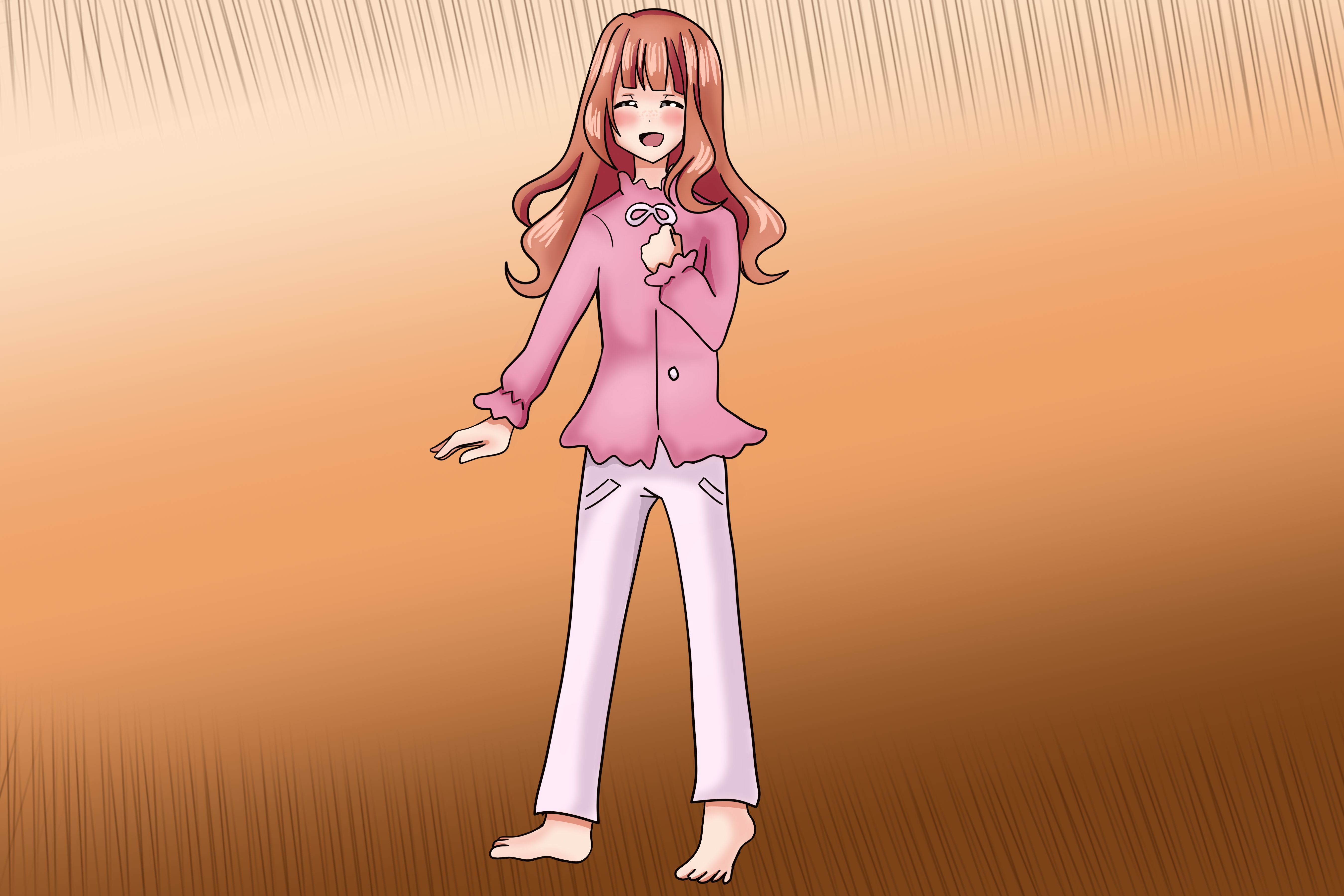 Alice Lorange happy. She wears a pink pajama.