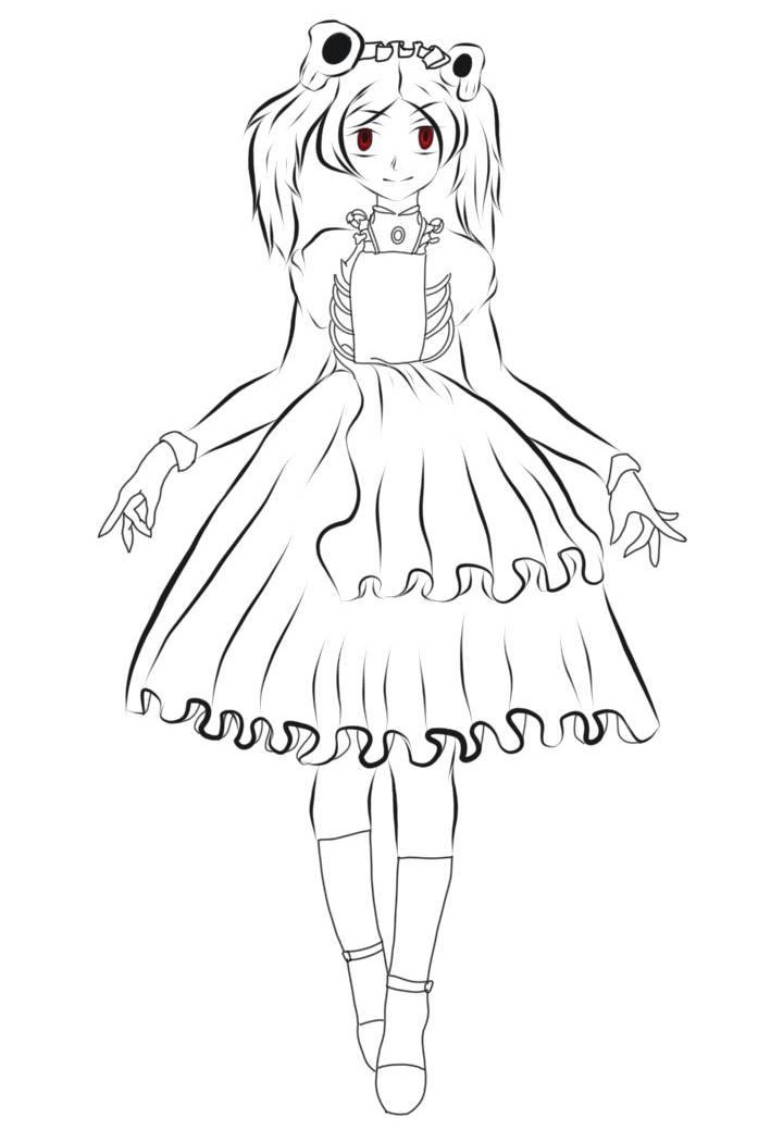 Happy Marie. Full body line art drawing. Her eye are in red color.