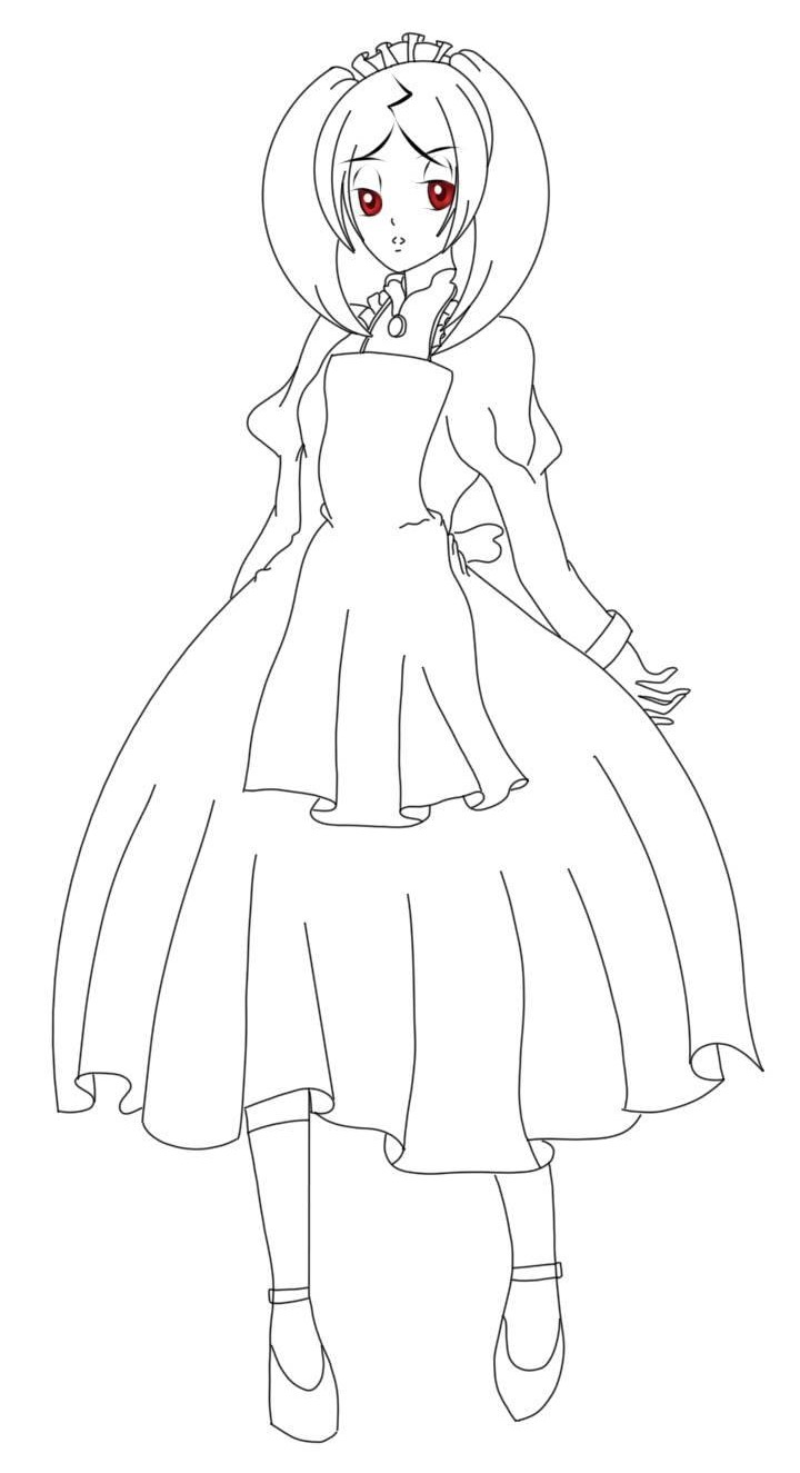 Serious Marie. Full body line art drawing. Her eye are in red color.