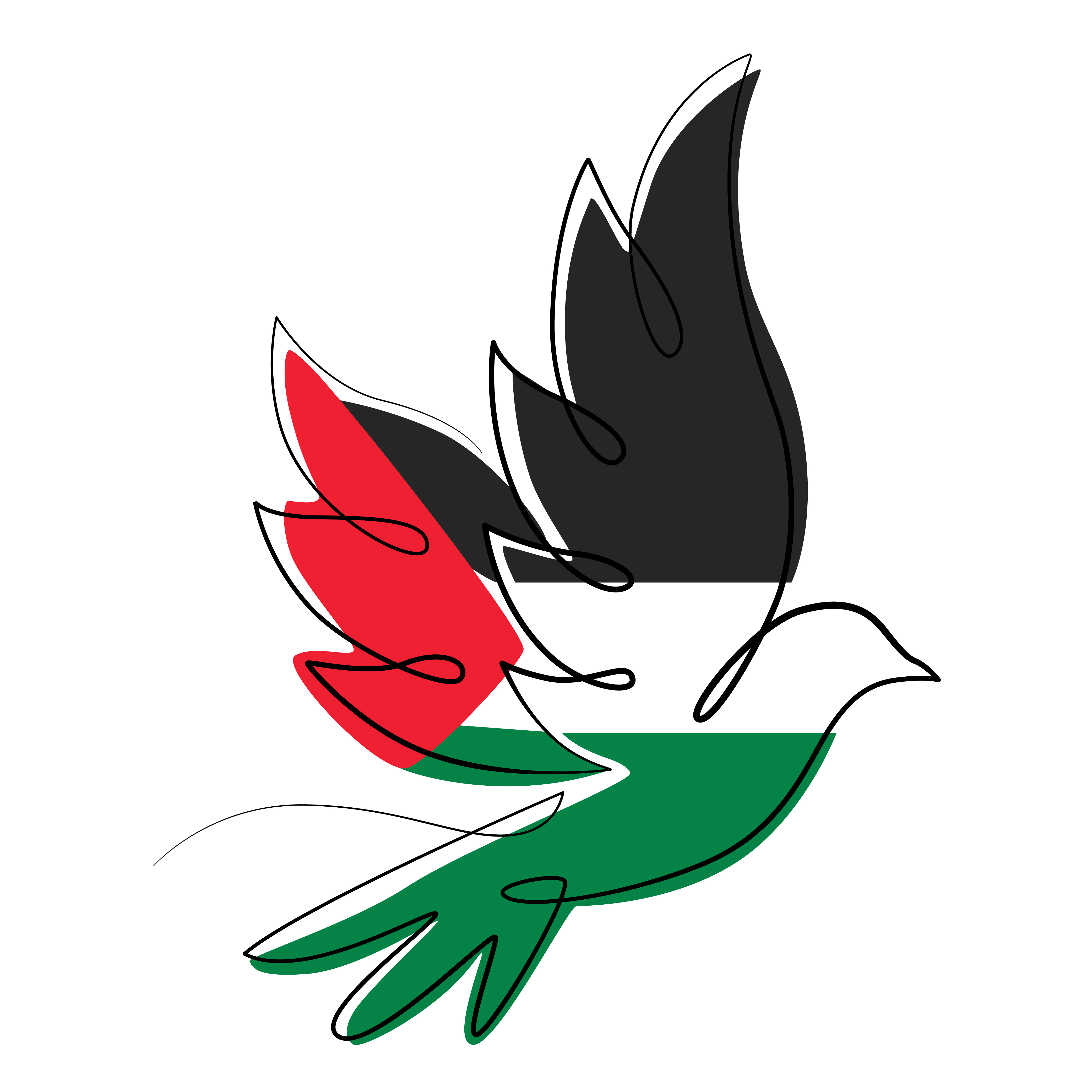 Dessin au trait continu d'un oiseau aux couleurs de la Palestine.