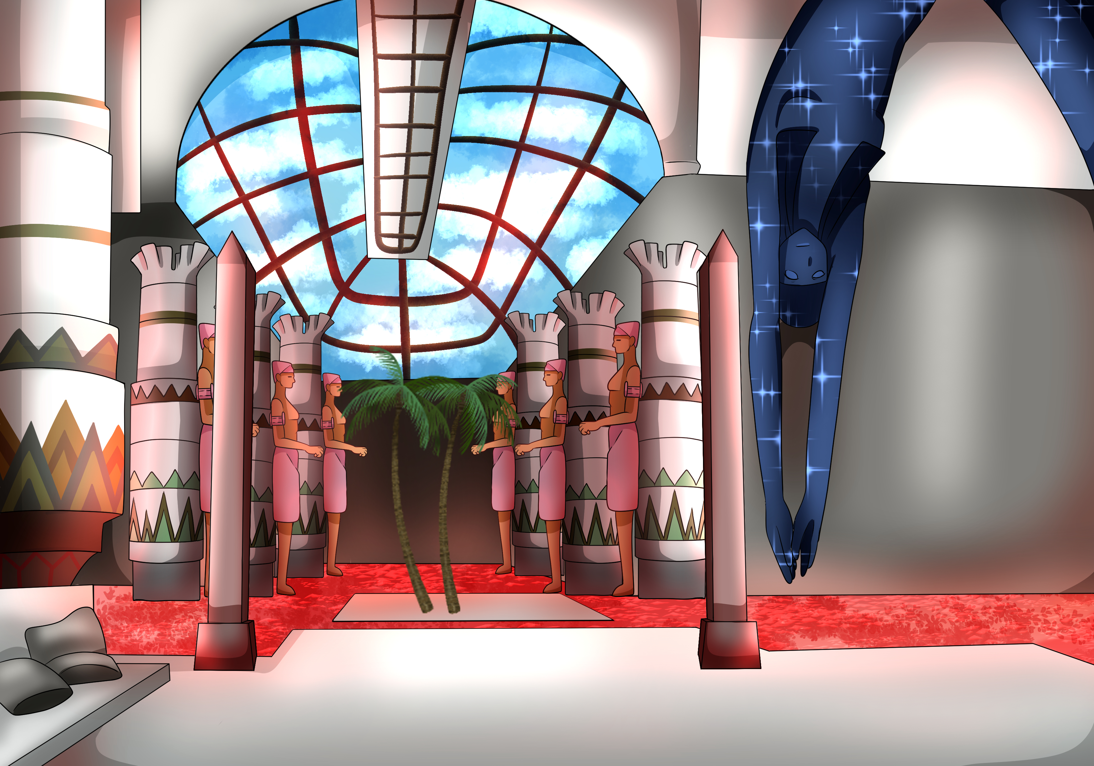 Background image, a Egyptian themed bathhouse during the day with blood instead of water, is inspired by Eliza's fighting stage.