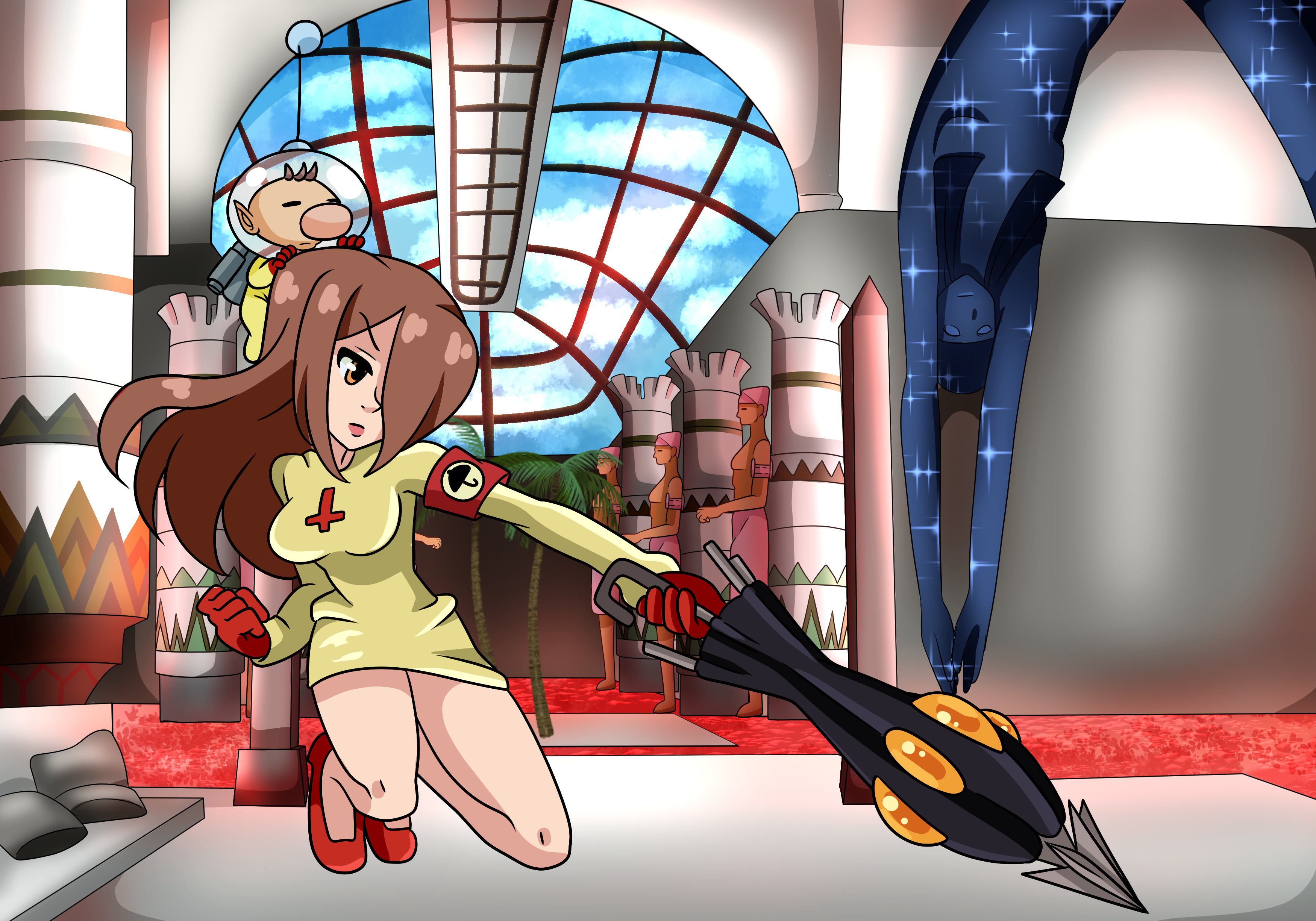 Parasoul, in a action pose with her umbrella, and captain Olimar. Parasoul wears the captain's colors. Olimar is standing on her head, ready to fight. The background image, a Egyptian themed bathhouse during the day with blood instead of water, is inspired by Eliza's fighting stage.