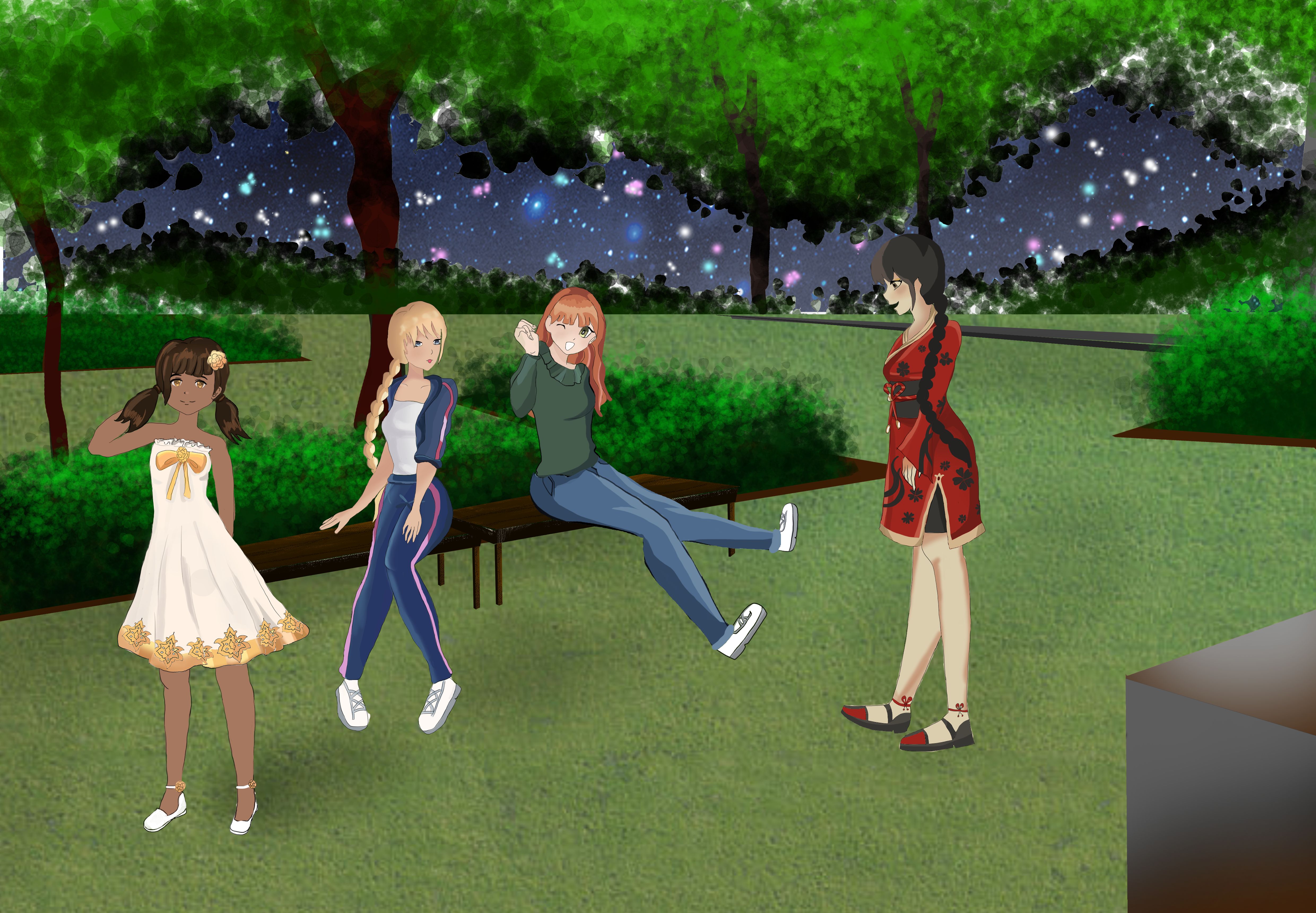 The four Alice relax in the park. Kurosawa has a long braid.