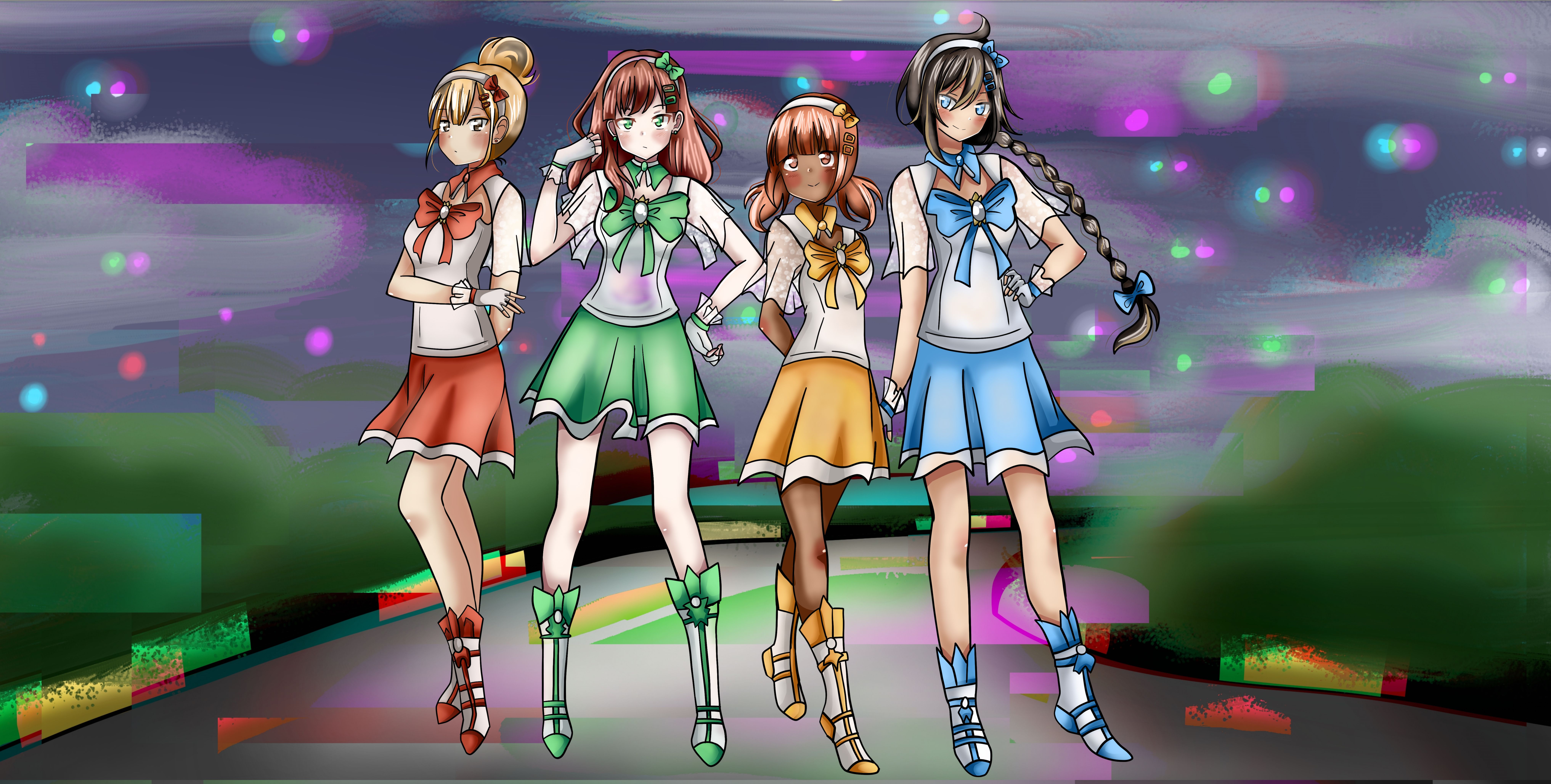 Four Alice, as magical girls, in the park. The background is glitching.