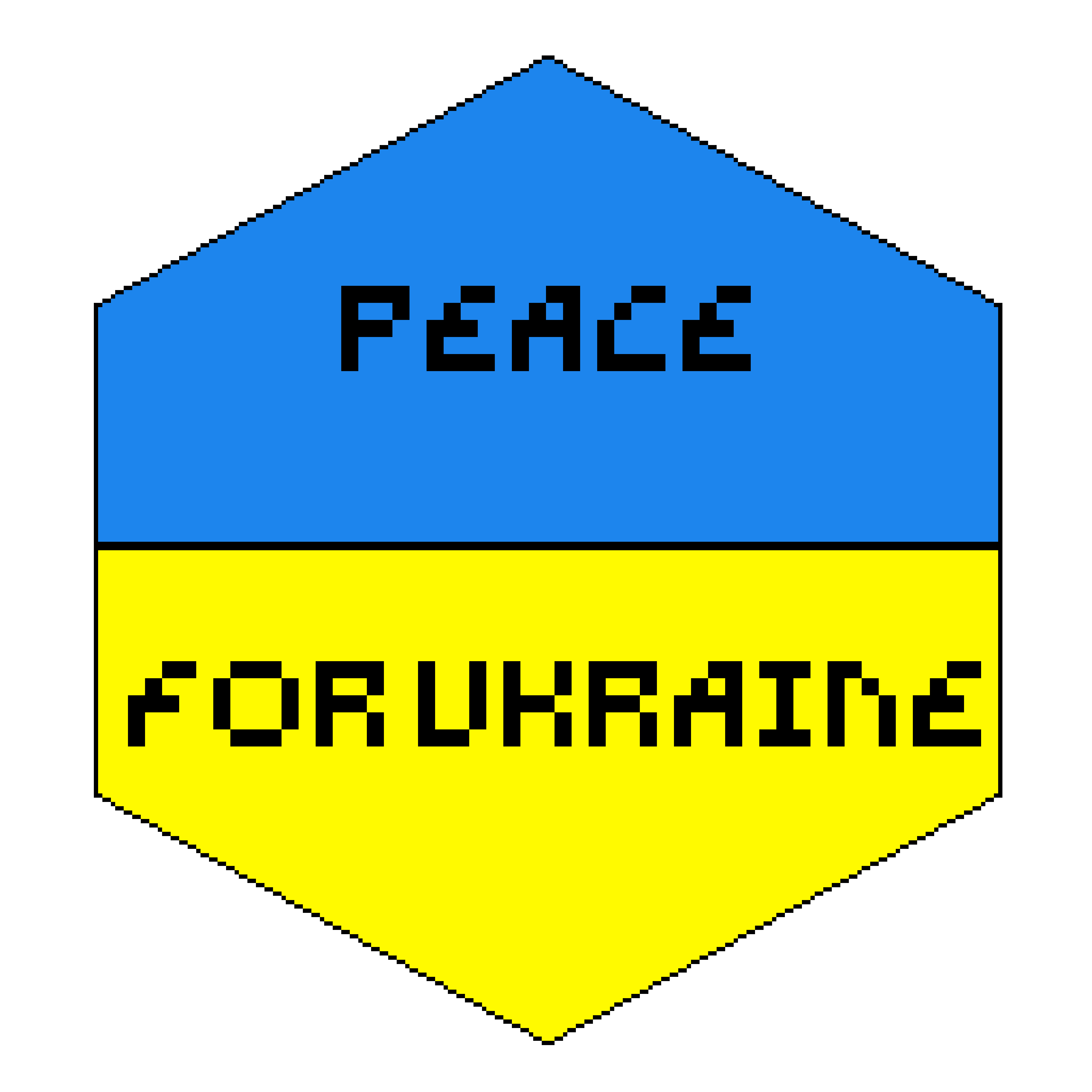 Une forme ayant une partie bleue et une partie jaune. Les mots "paix pour l'Ukraine" en anglais sont écrit dedans.