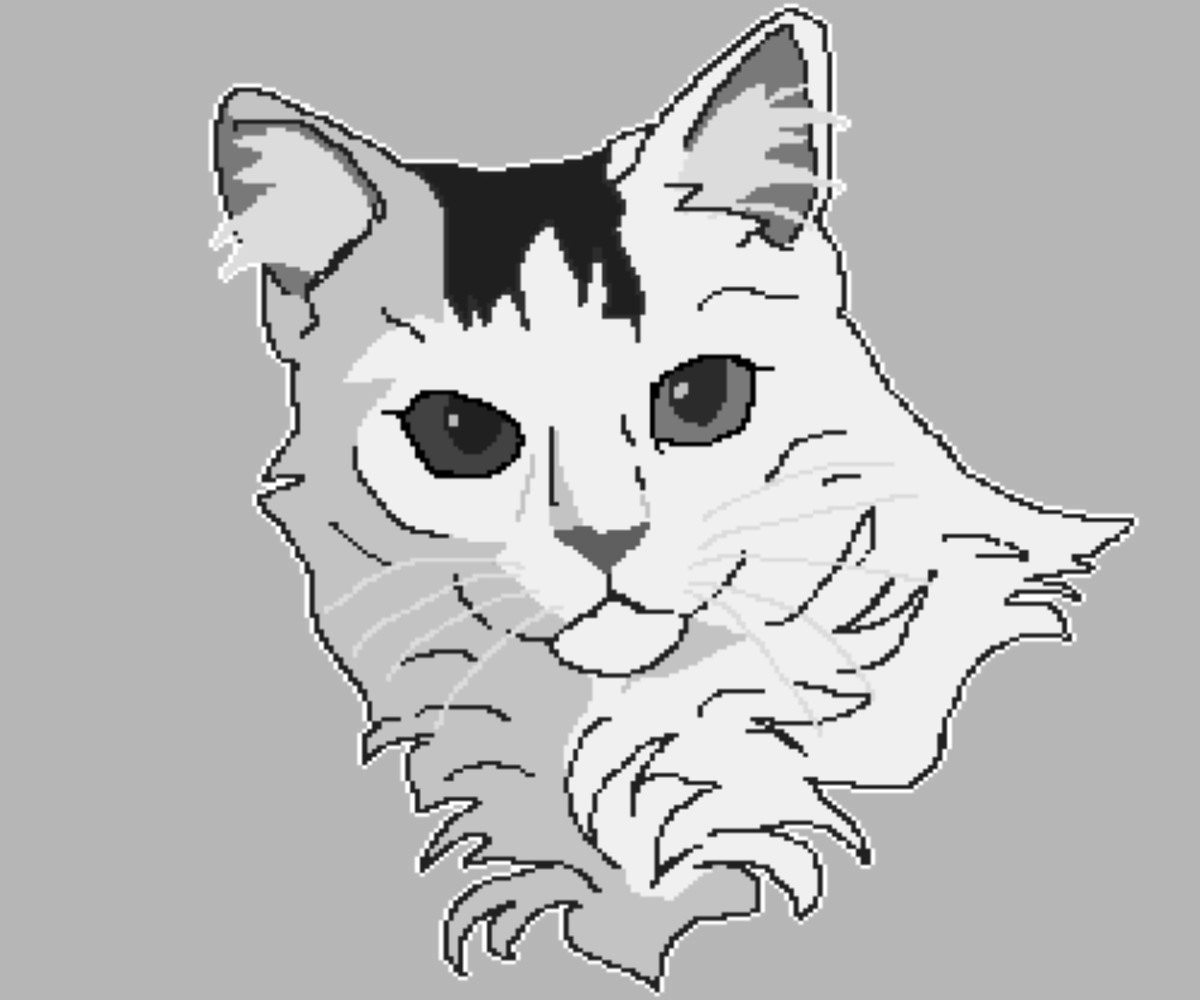 White cat with gray in pixels. Black and white version.