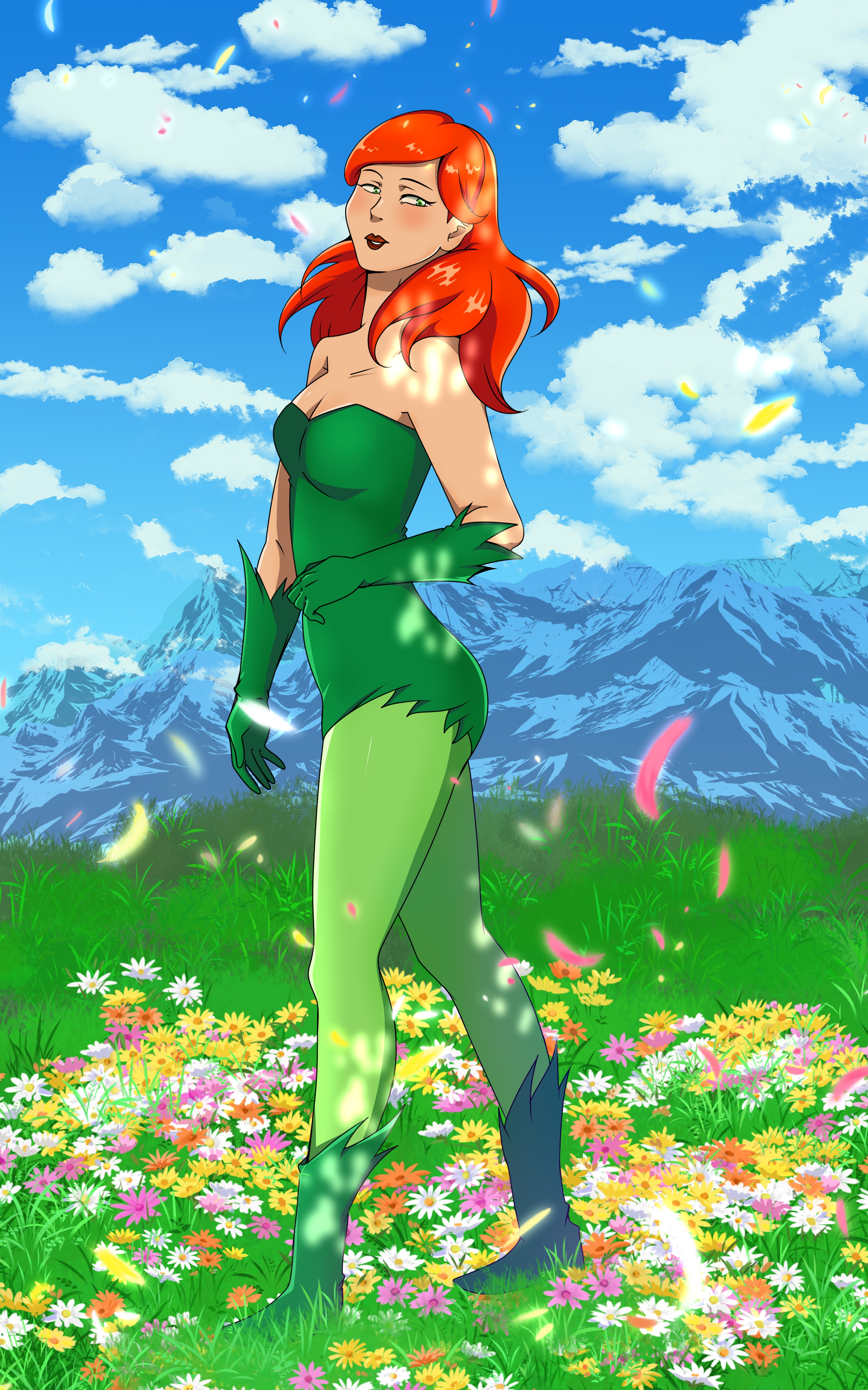 Poison Ivy. The background is a sky, a mountain, grass and flowers on the ground.