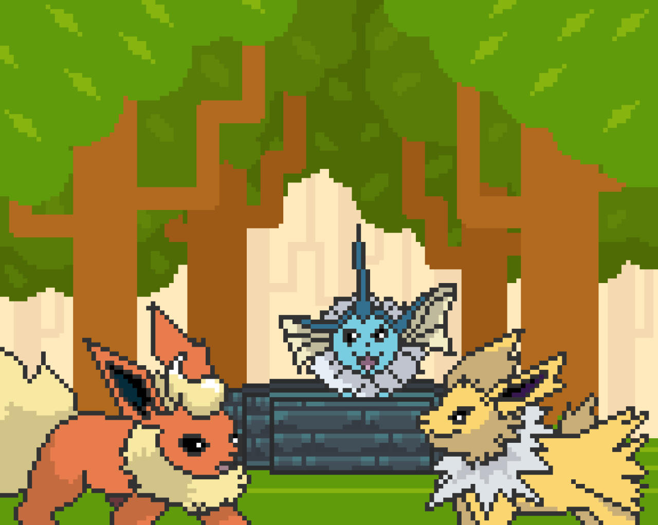 Big image. Commissioned from @dynoissocool. In a forest/jungle, Vaporeon pop his/her head out of a well, Flareon and Jolteon do a staring contest.