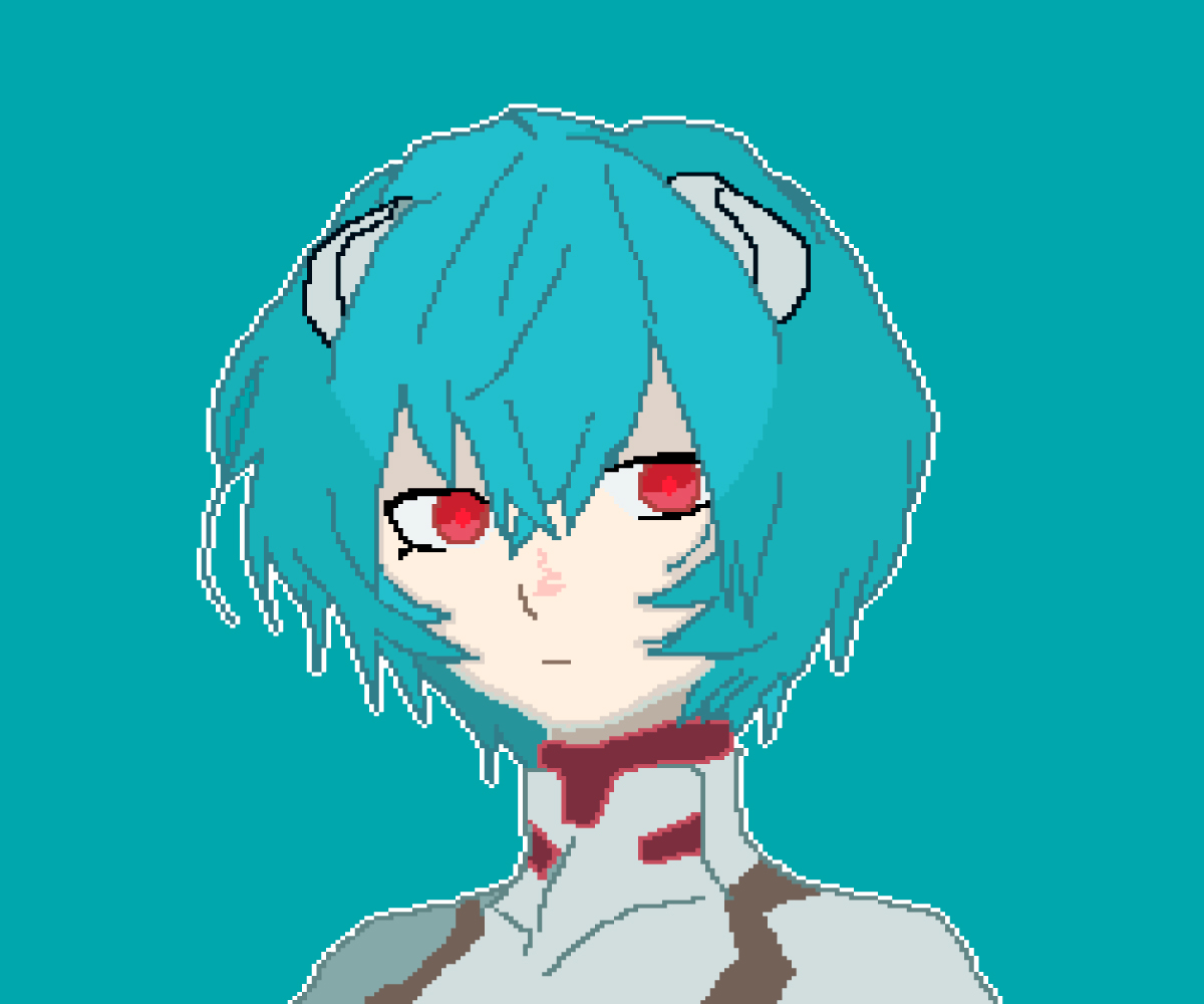 Rei Ayanami in pixel art. From head to shoulders. She's wearing her plug-suit.