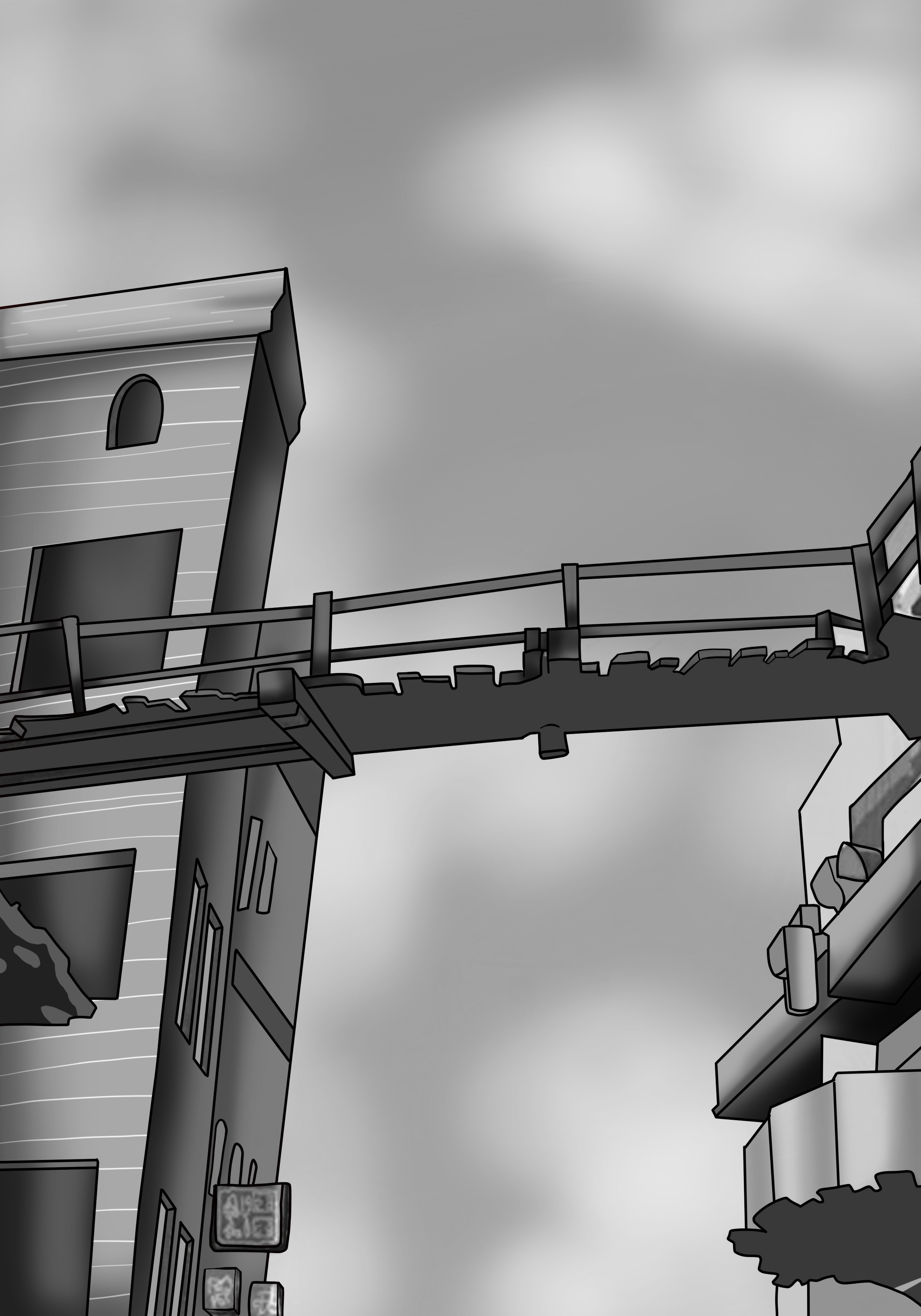 The background image in black and white. A wooden bridge, a sky and two buildings.