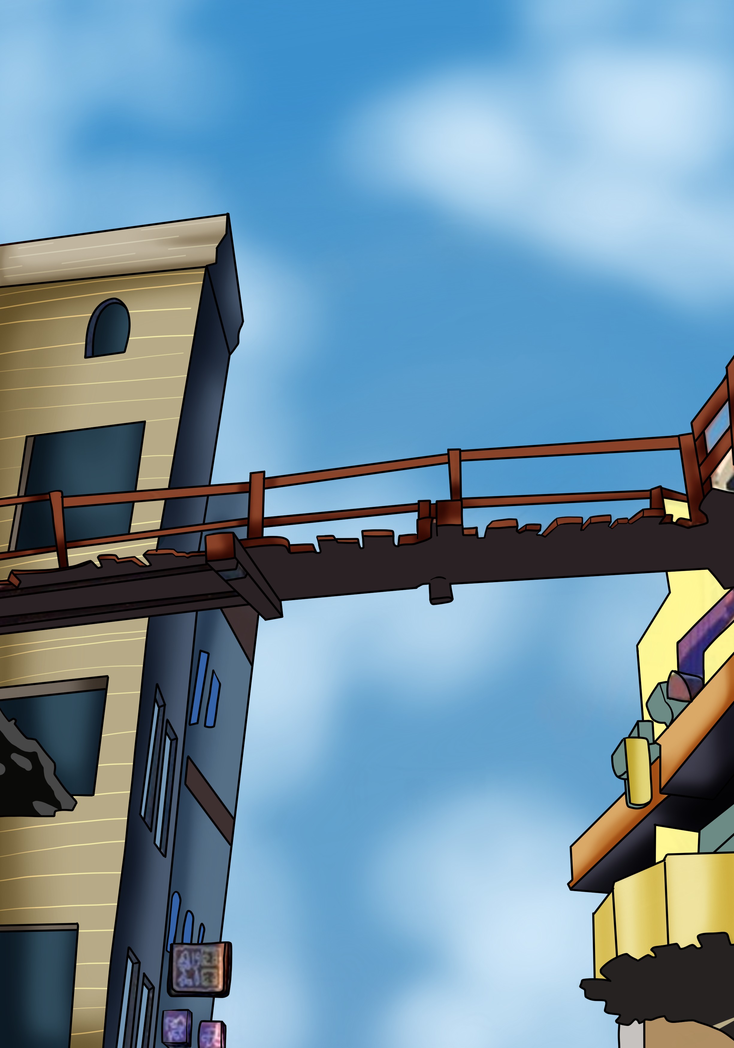 The background image in color. A wooden bridge, a sky and two buildings.