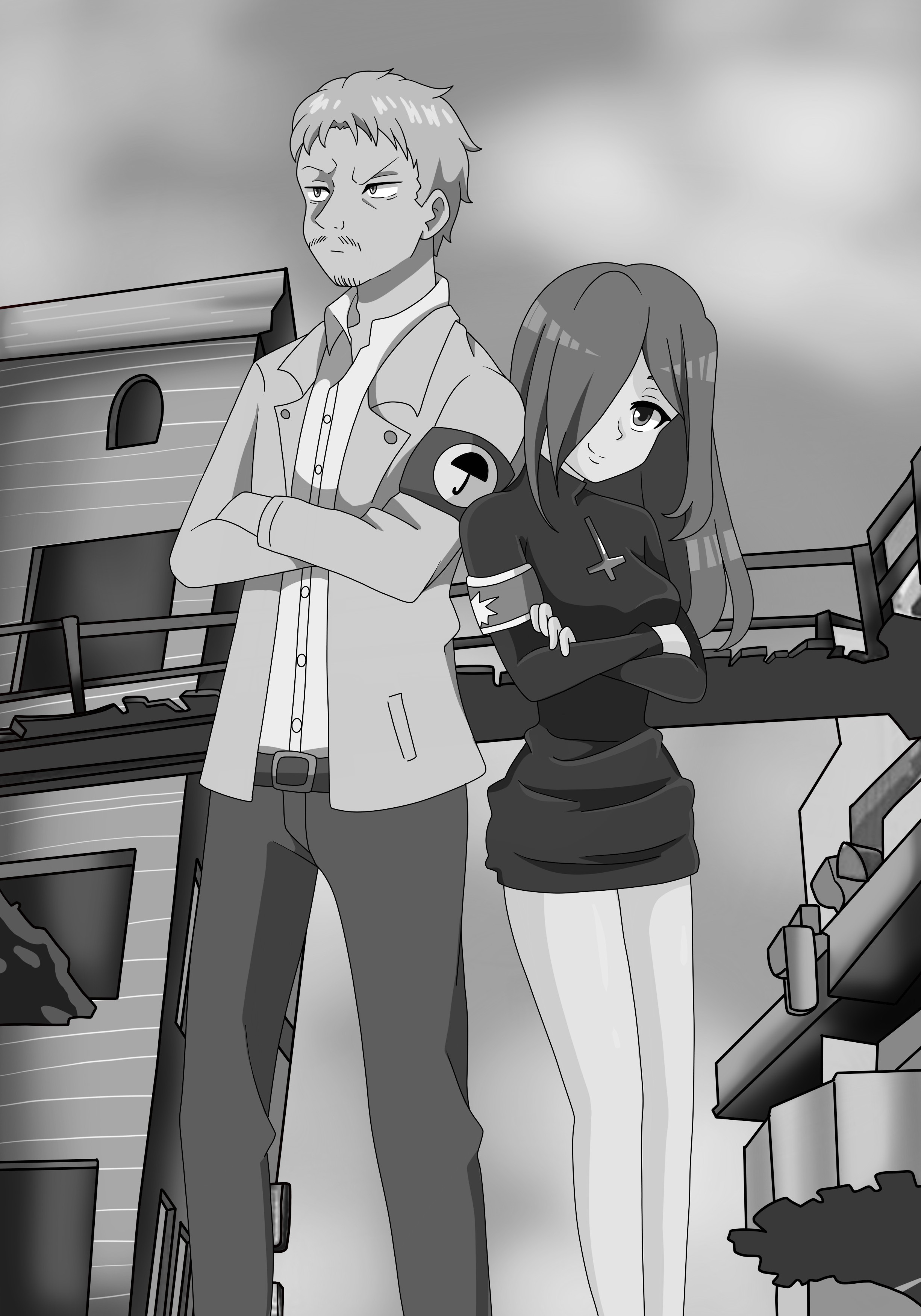 Black and white version. Reiner and Parasoul are in Little Innsmouth. Parasoul smiles. Reiner is serious. They have switched armbands.