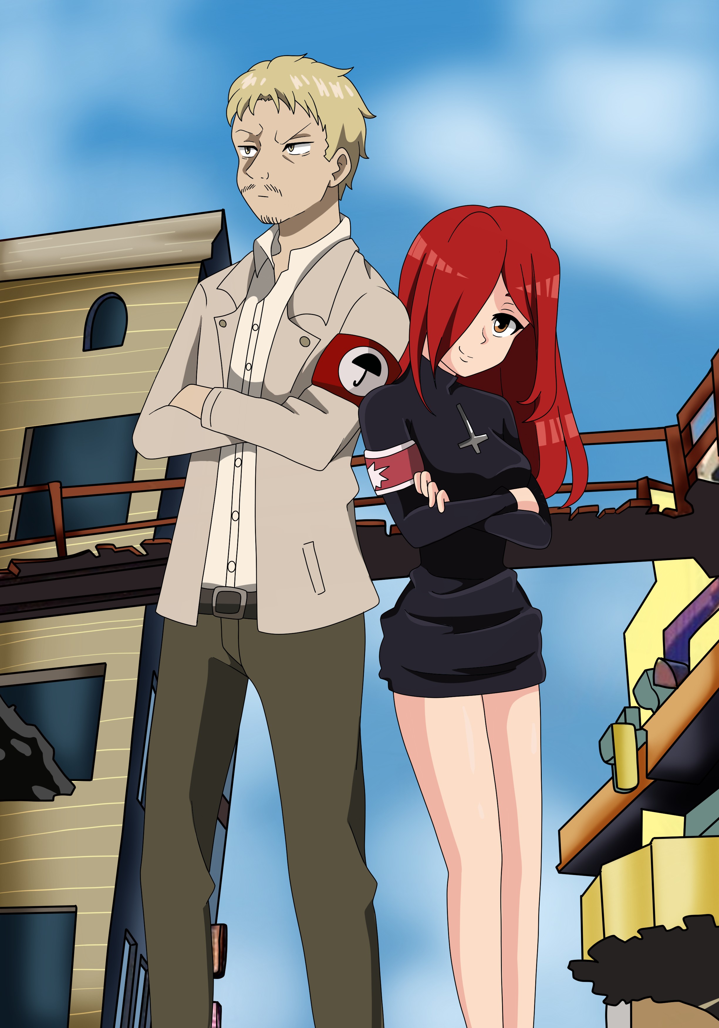 Color version. Reiner and Parasoul are in Little Innsmouth. Parasoul smiles. Reiner is serious. They have switched armbands.