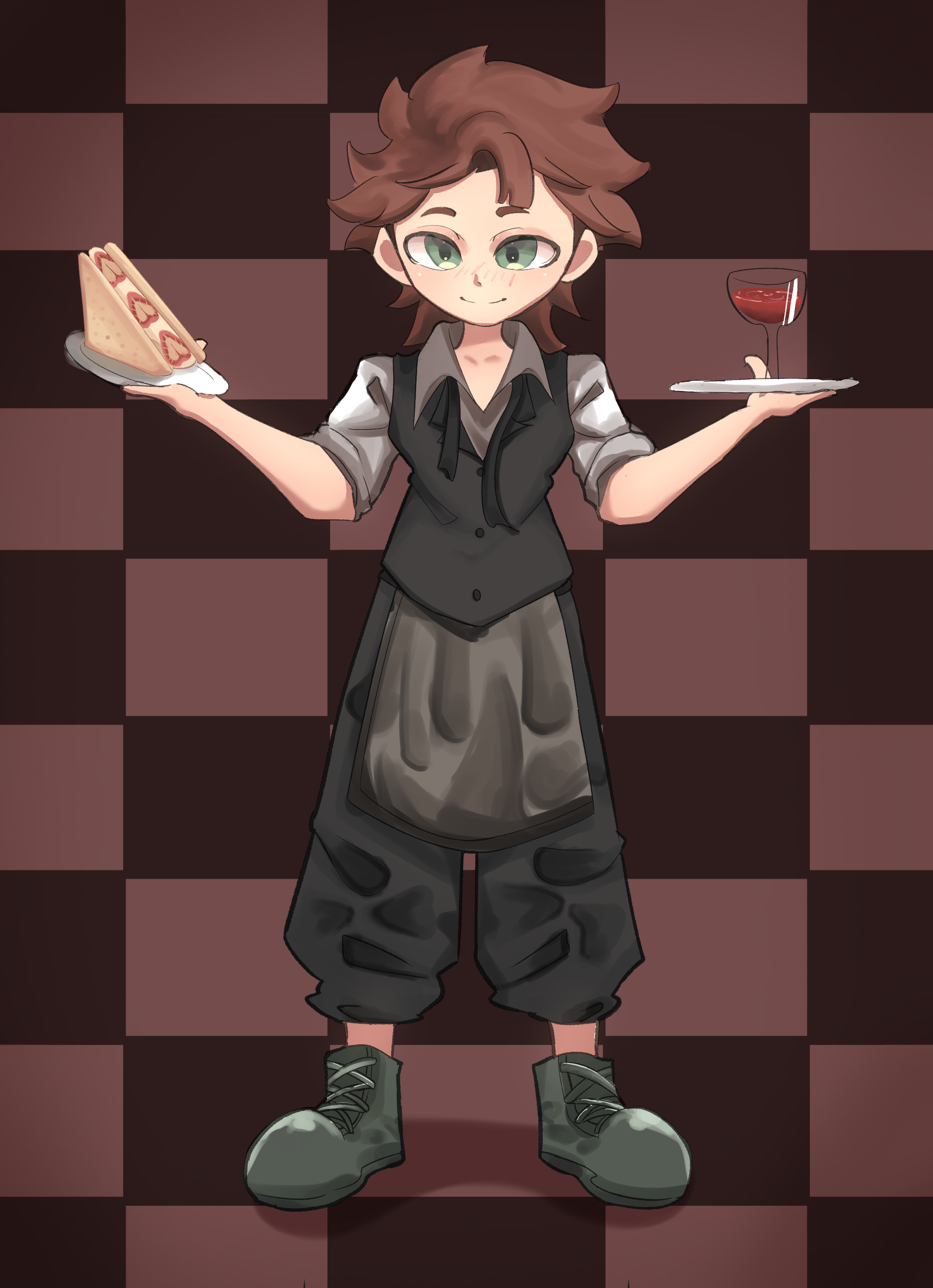 Rody in chibi holding a piece of cake and a glass of wine.