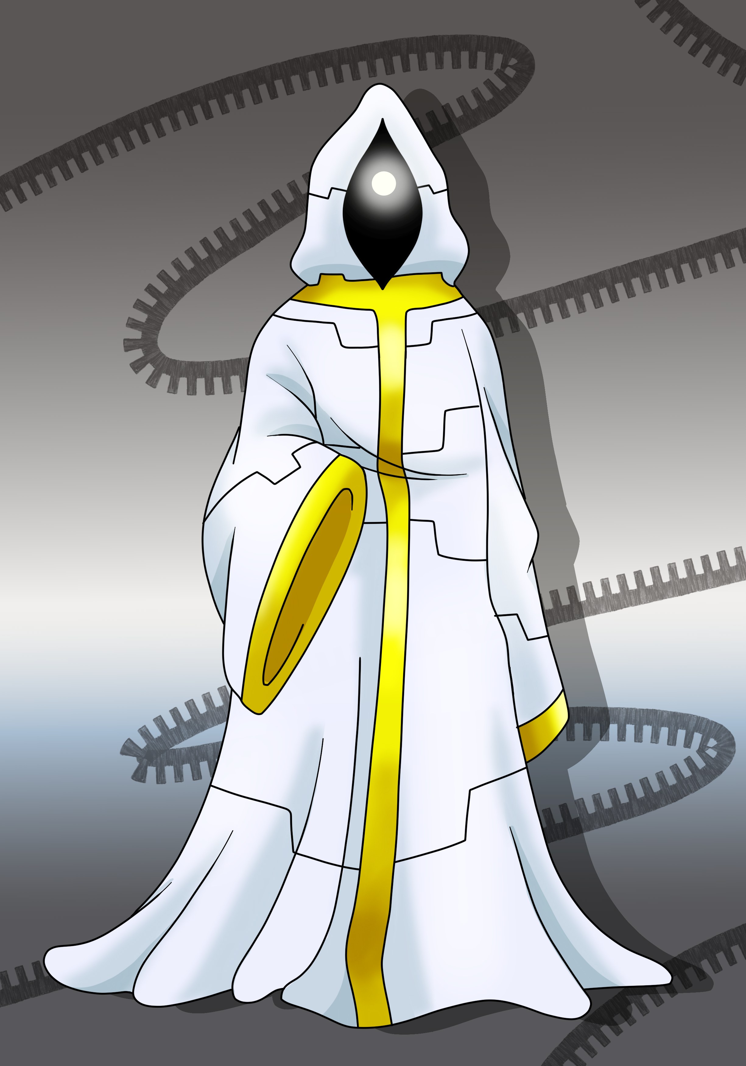 Rohoph, an alien with one bright white eye. They wear a long white robe with yellow lines.