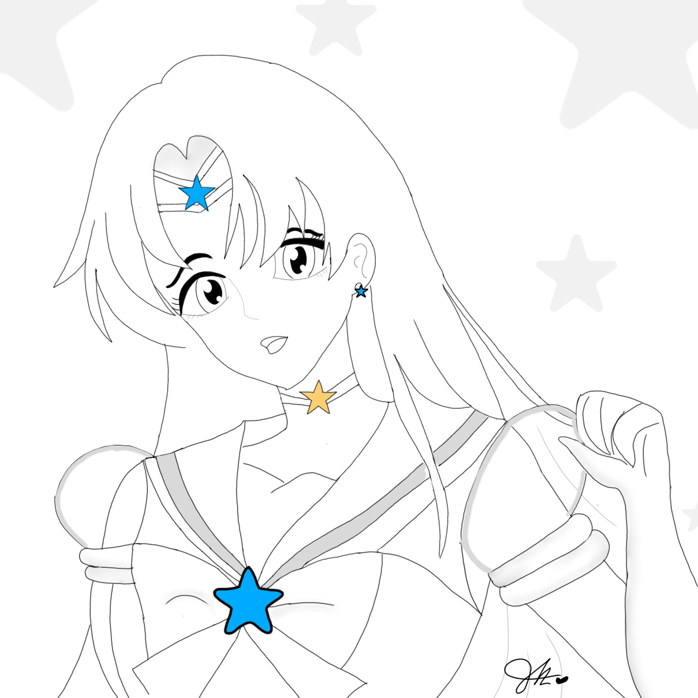 Sailor Mercury, cheveux longs, dessin au trait.