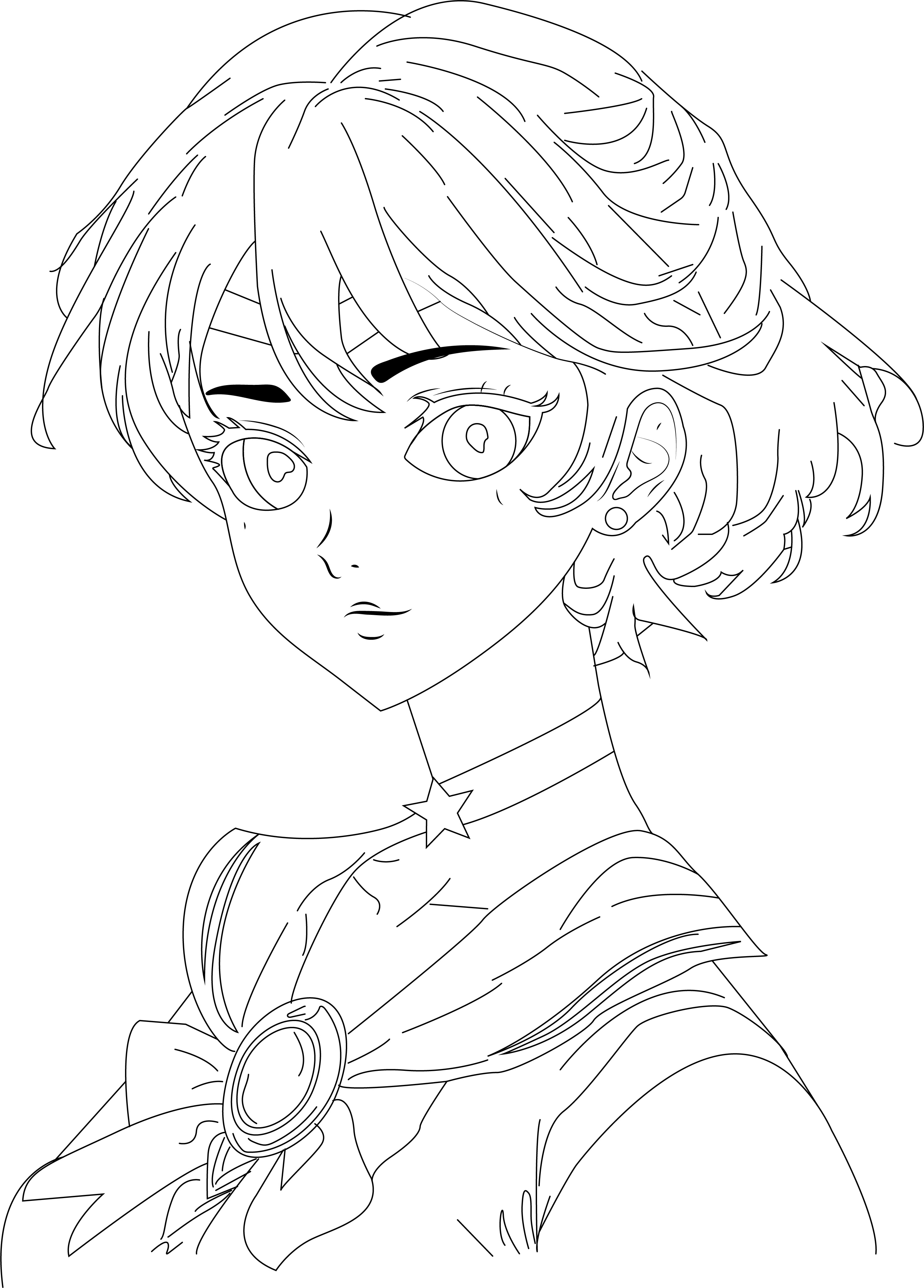 Sailor Mercury headshot in line art.