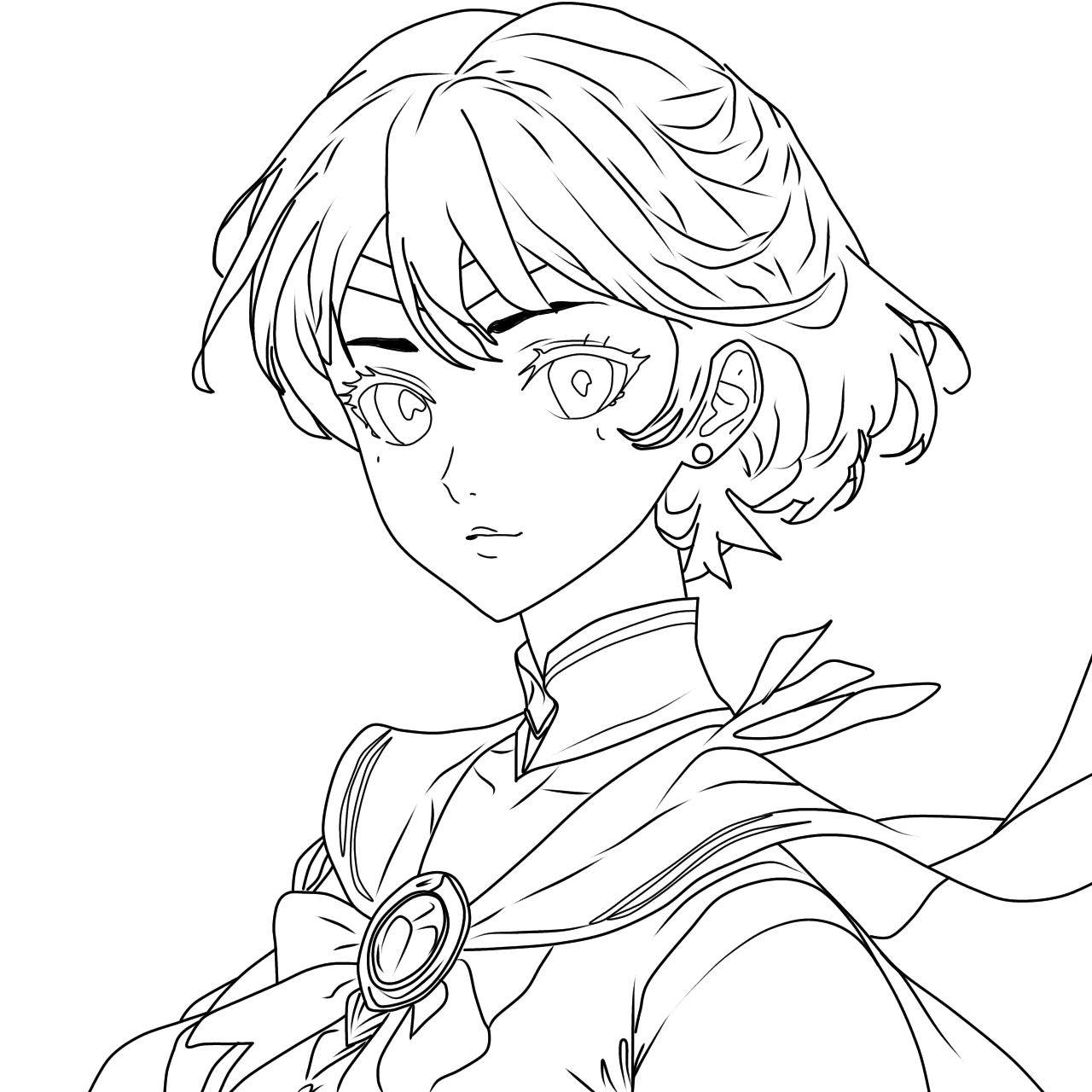 Sailor Mercury headshot in line art.