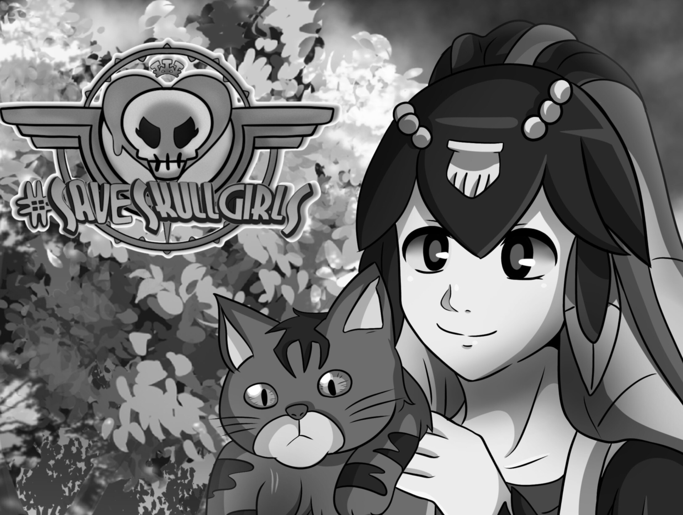 Minette de Skullgirls heureuse. Elle tient la Chatonne Solitaire d’Amanda the Adventurer dans ses mains.  En noir et blanc. Le dessin du logo #SaveSkullgirls art logo a été ajouté à l'image.