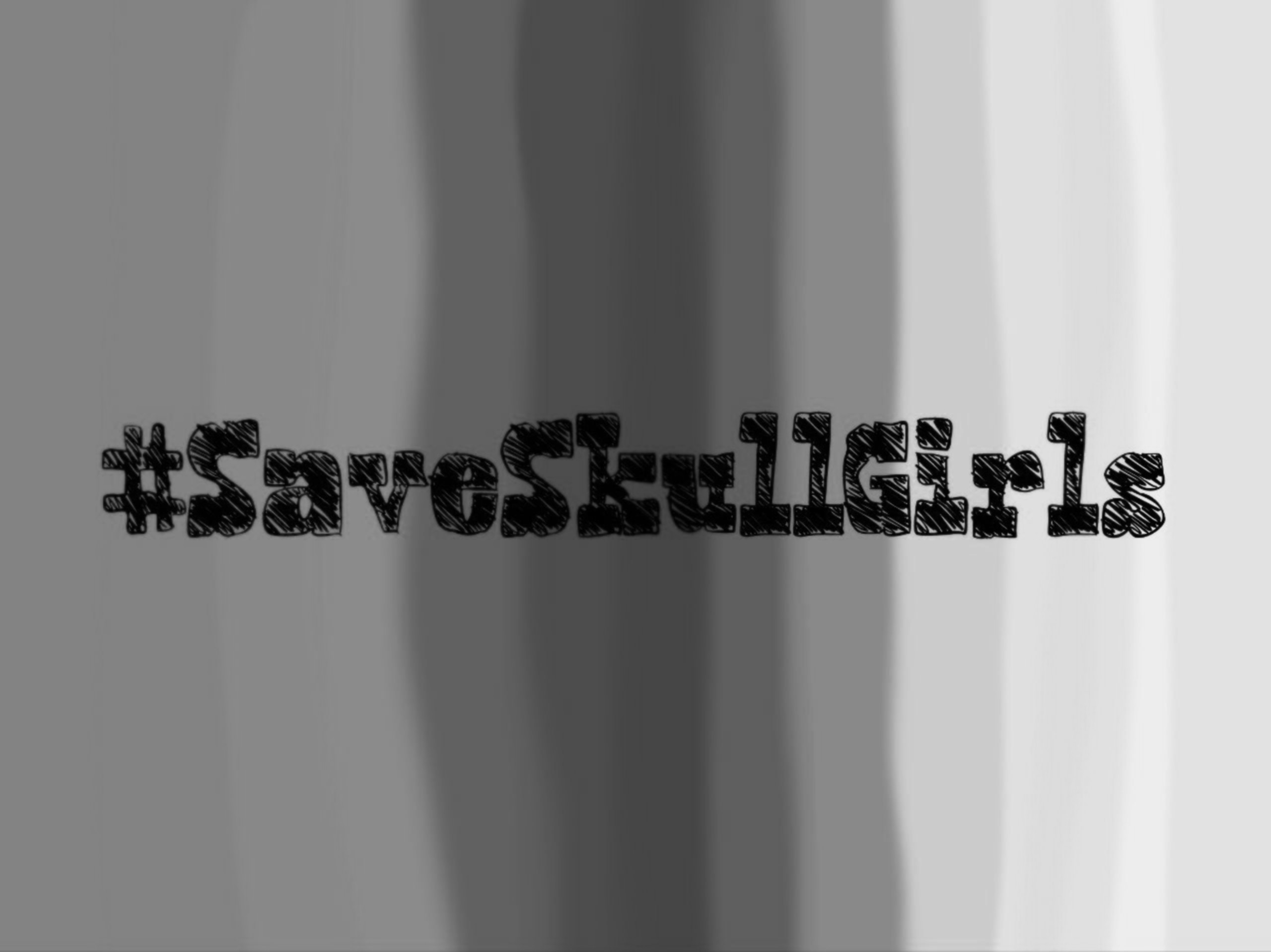 #SaveSkullgirls black text with the colors of the rainbow as background, black and white version.