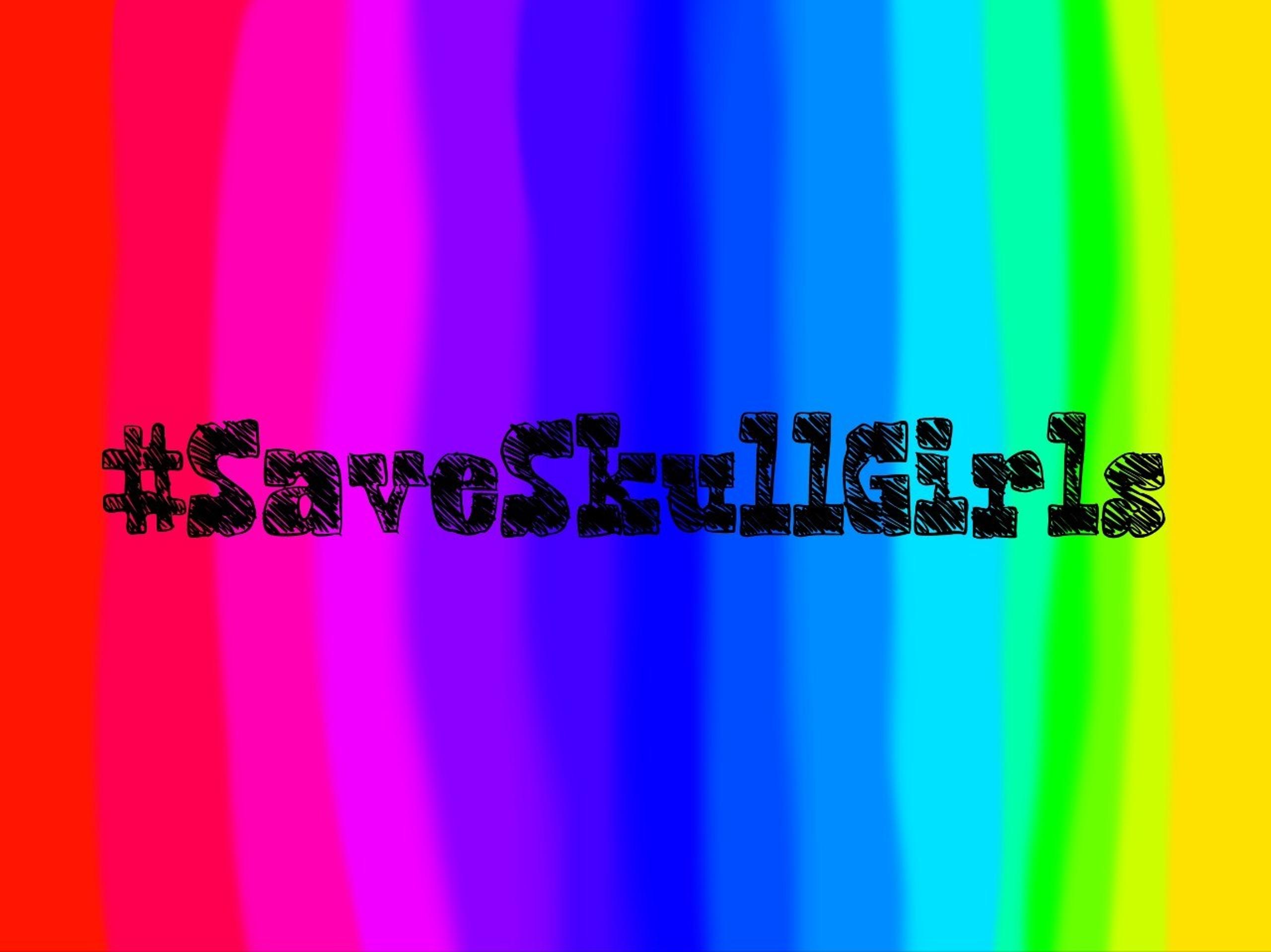 #SaveSkullgirls black text with the colors of the rainbow as background.