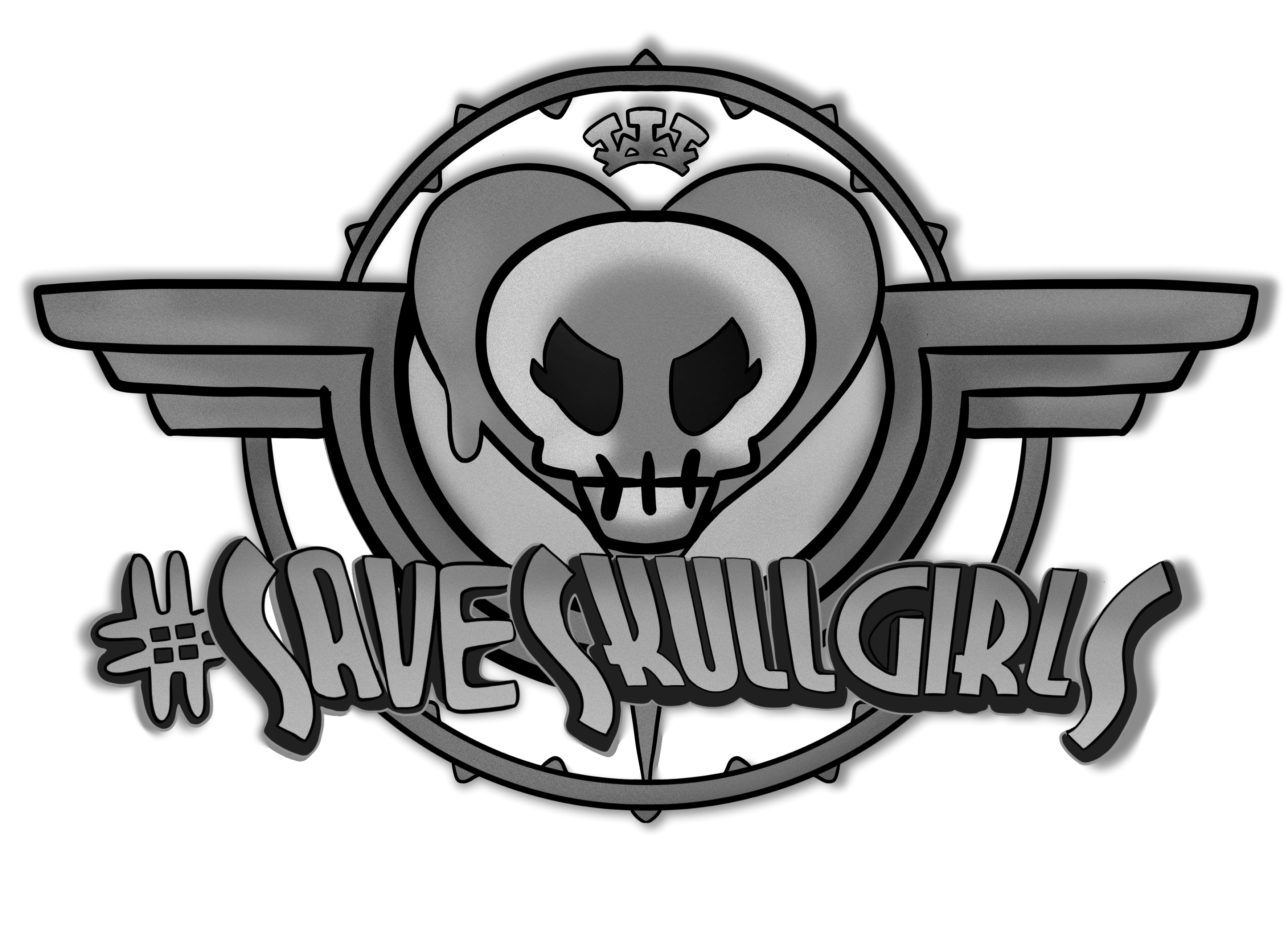 Le logo de Skullgirls en noir et blanc avec #SaveSkullgirls. 