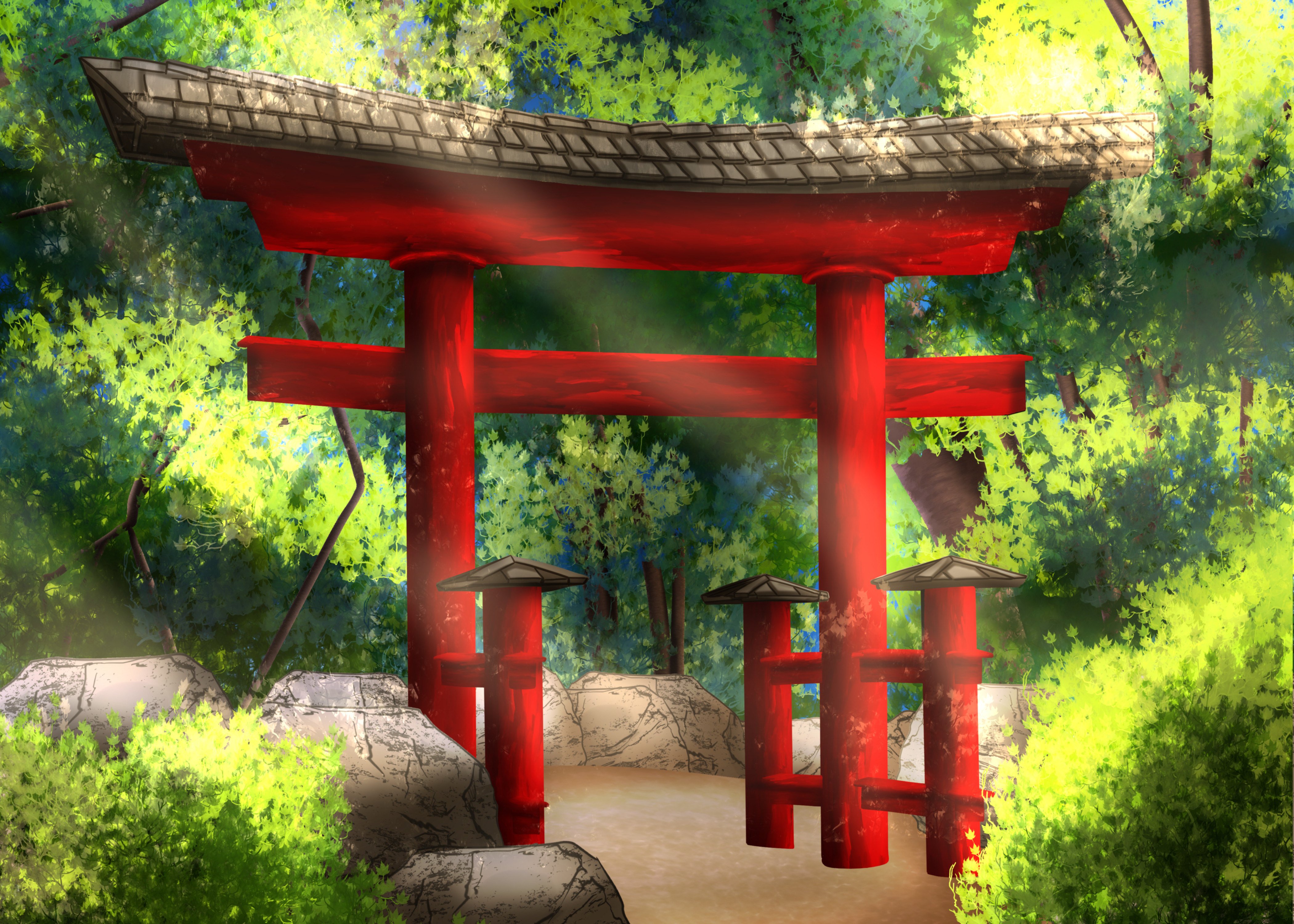 photorealistic drawing of a Torii Gate in a forest