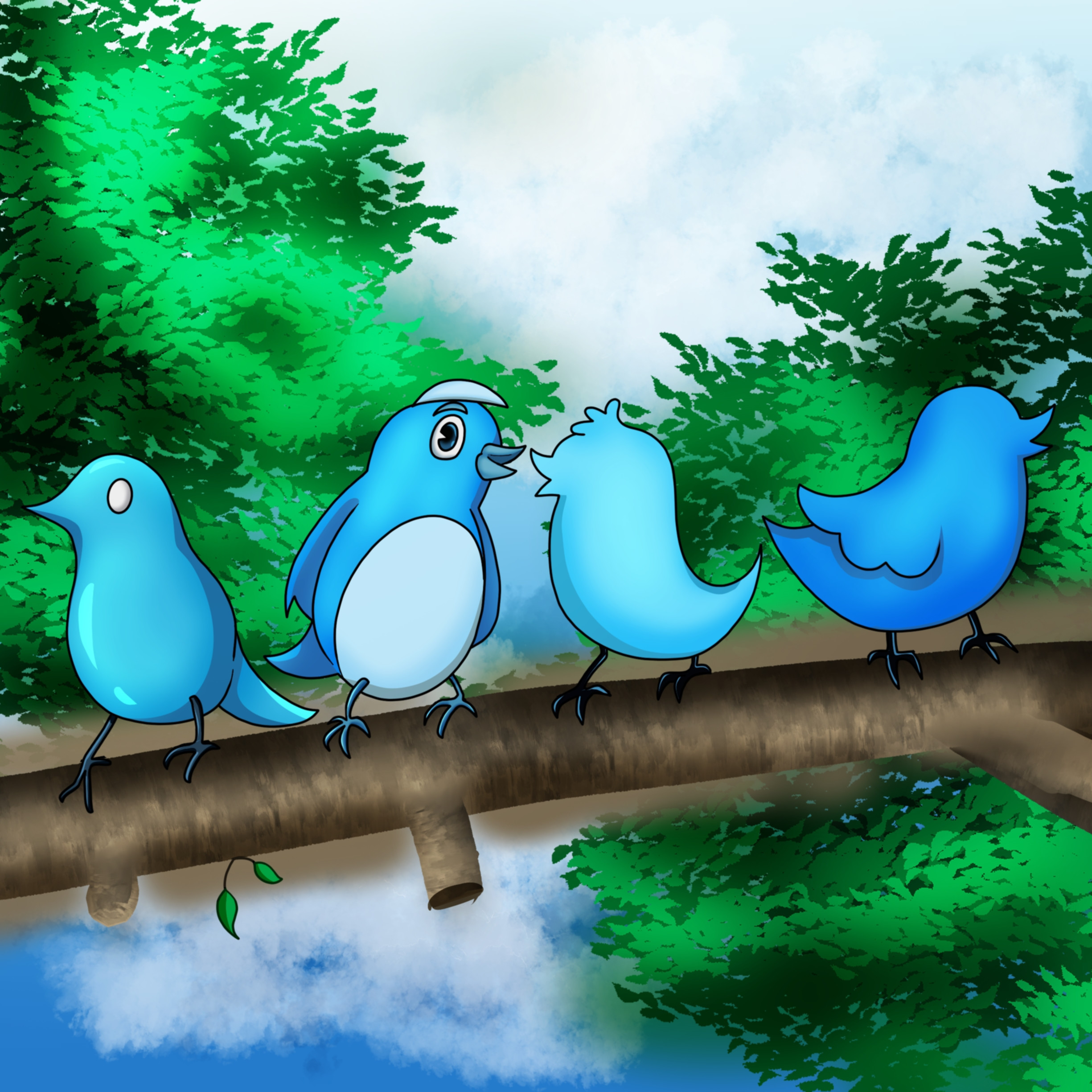 Un dessin mignon des quatre oiseaux de Twitter sur une branche d’arbre.