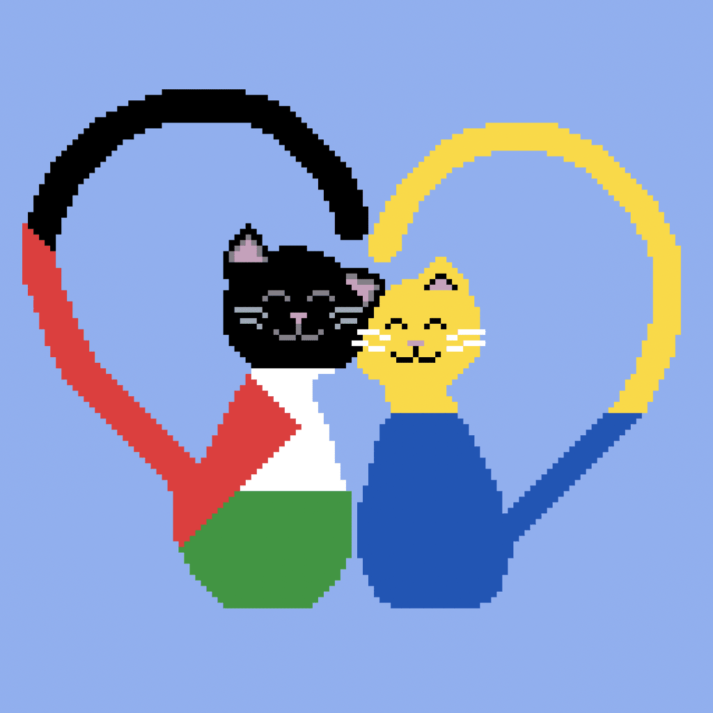 Chats en pixels, aux couleurs de la Palestine et de l'Ukraine.