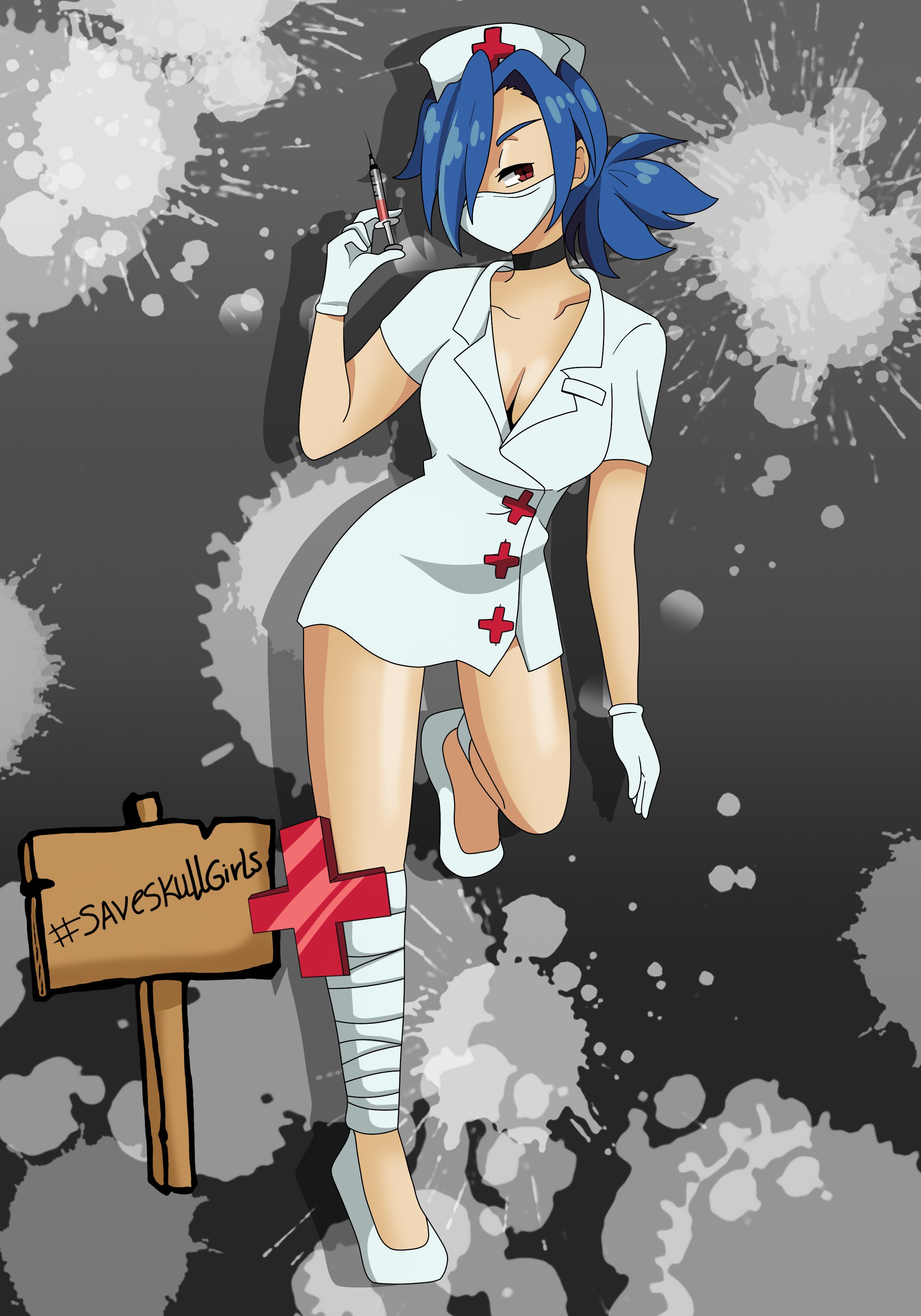 Valentine avec ses croix rouges. Elle tient une seringue. À côté d'elle, à gauche, il y a un petit panneau avec #saveskullgirls.