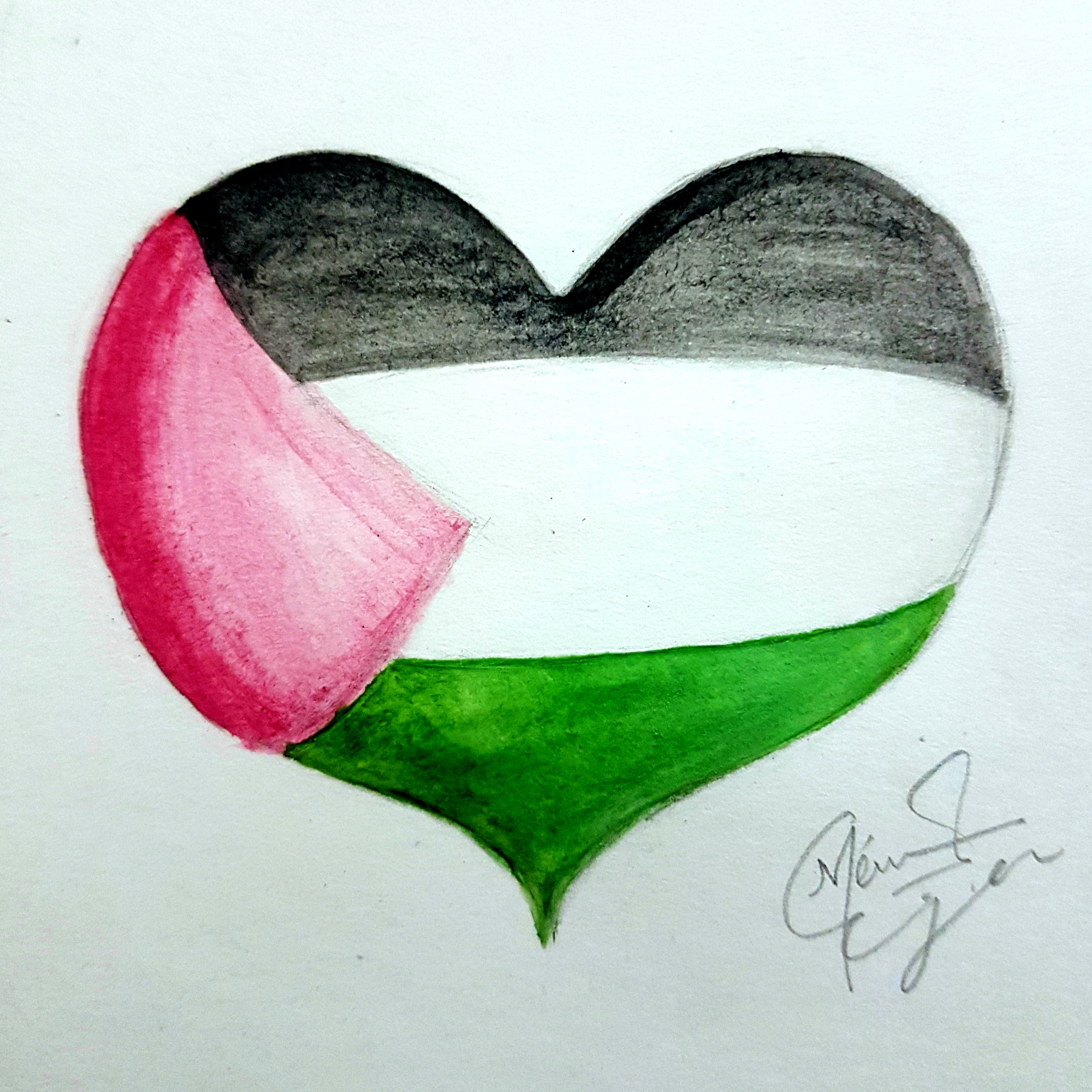 Coeur en aquarelle, drapeau de la Palestine.