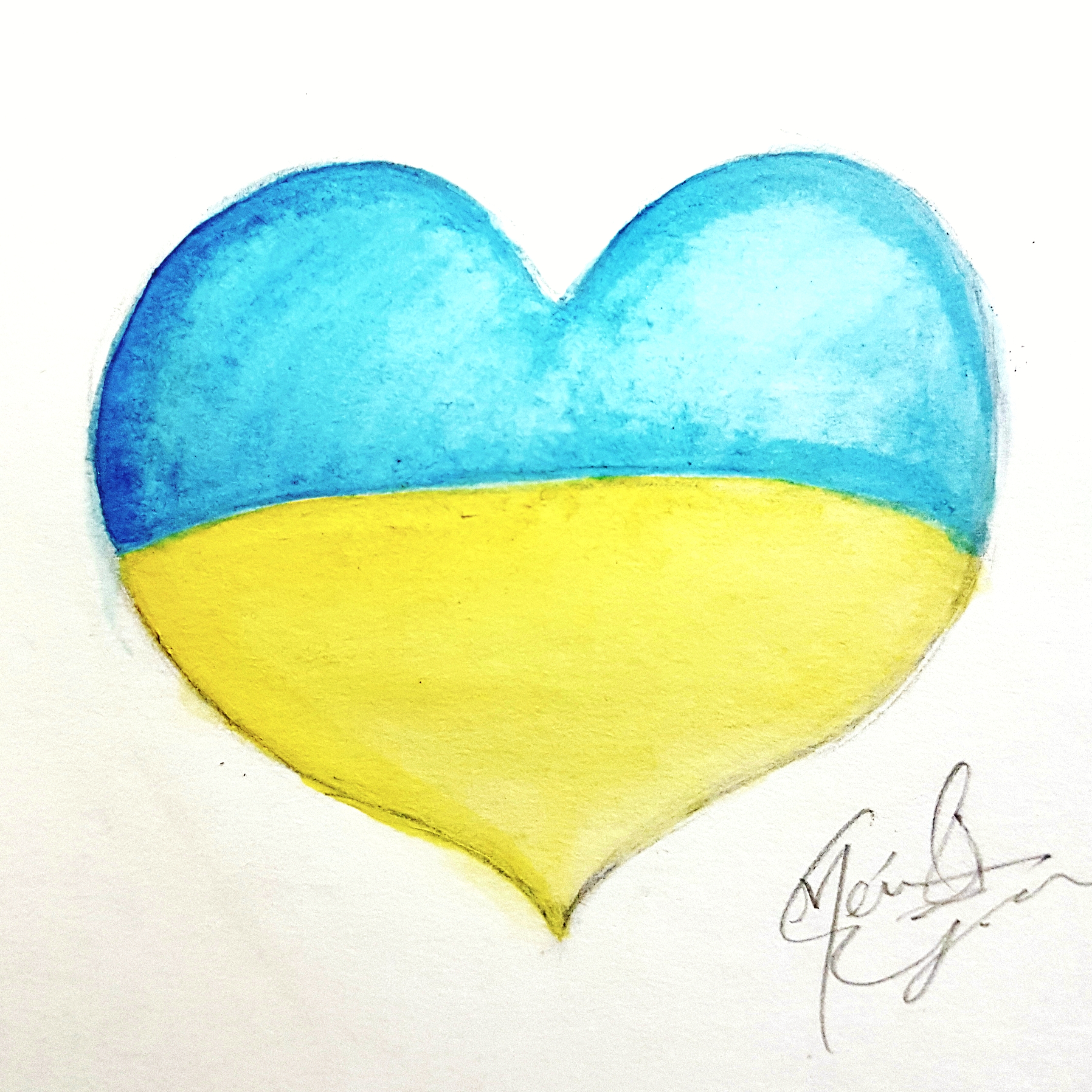 Coeur en aquarelle, drapeau de l'Ukraine.