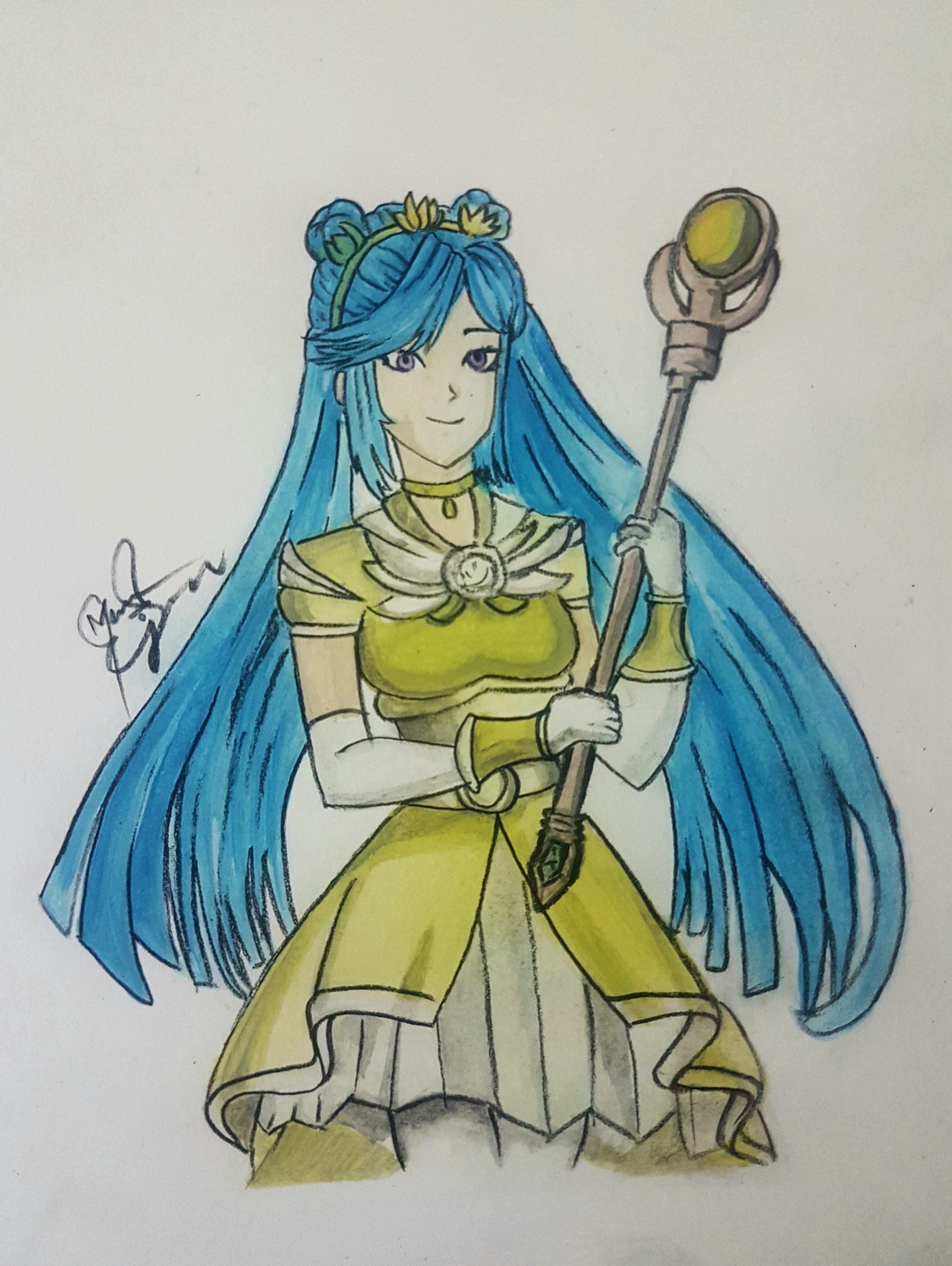 Dessin à l'aquarelle de Miranda/Ingenue Citrine. Une magical girl jaune aux longs cheveux bleus. Coupe de cheveux inspirée de Sailor Moon. Ingenue Citrine tient une longue baguette avec une pierre jaune en haut.