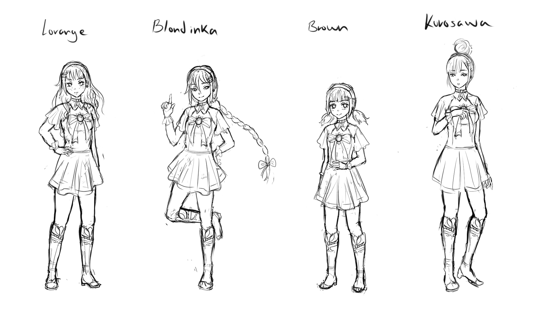 sketch, four alice as magical girls with notes