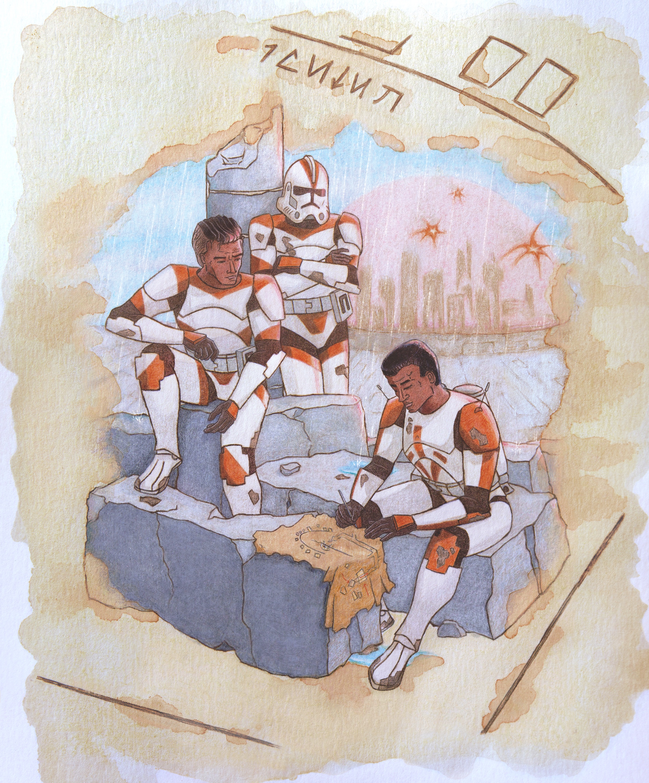 Cody marks coordinates on a map. Cody and two clone troopers sit amongst the ruins of an old city. Behind them, a city is protected by a ray shield.