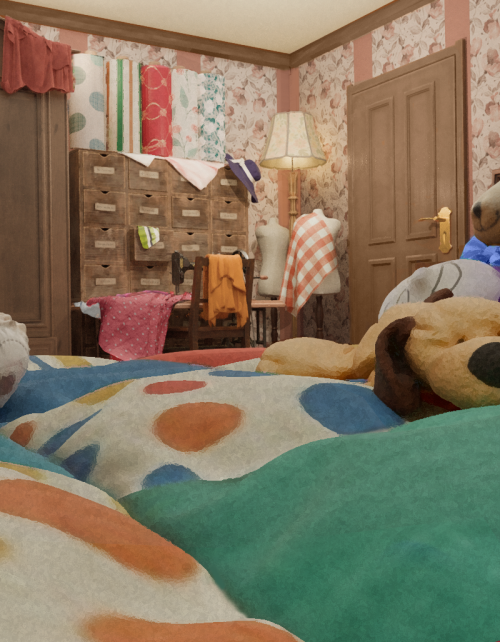 a cozy bedroom with wooden furniture, a quilted bed and plushies. in the distance is a bunch of sewing equipment and fabric