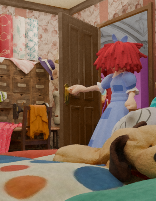 Ragatha enters the room with her head turned, talking to a distant Zooble