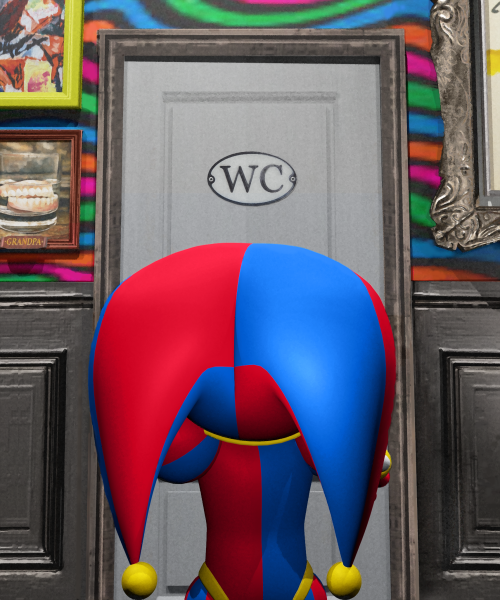 Pomni standing in front of a door labelled 'WC'