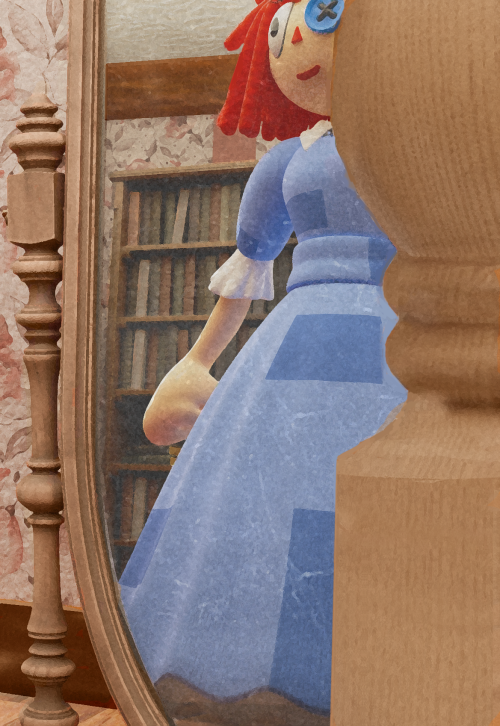 Ragatha's reflection in a mirror. the POV obscures Pomni behind a bedpost