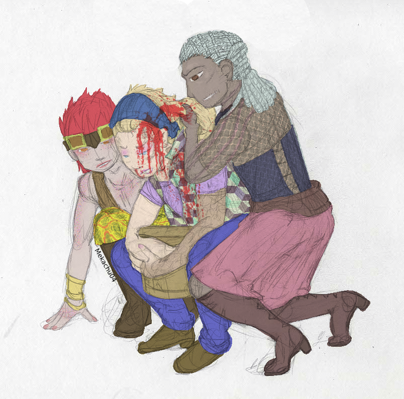 'Get the bucket,' Heat warned urgently, dropping the bloody rag to pull Killer's hair back suddenly. Kidd handed it off just in time for Killer to hurl into it. It was not the first time, Kidd frowned, as the bucket already had sick in it