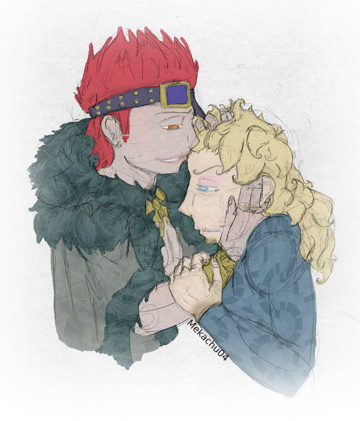 Kidd smiled, hands sliding up Killer's cheeks to brush his bangs away and placed a soft kiss to Killer's forehead, smirking at the red painted lip marks left behind. Killer was looking up at him curiously though his lashes. Kidd rearranged Killer's bangs until the mark was hidden under wild hair.