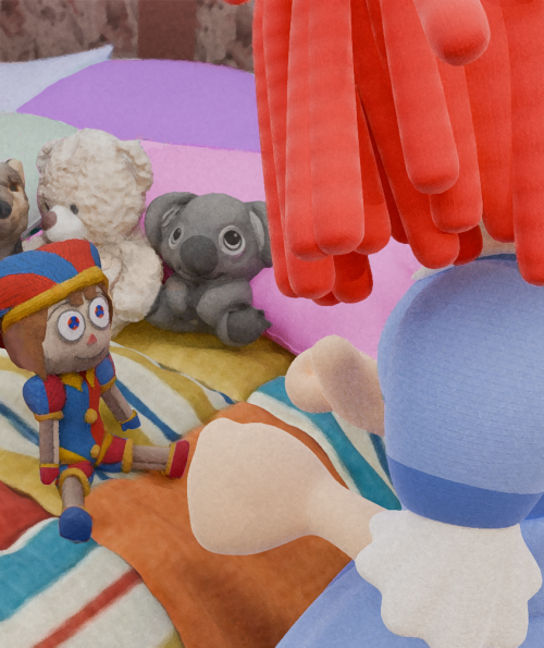 Ragatha bending down to address the Pomni doll, who is surrounded by other plushies